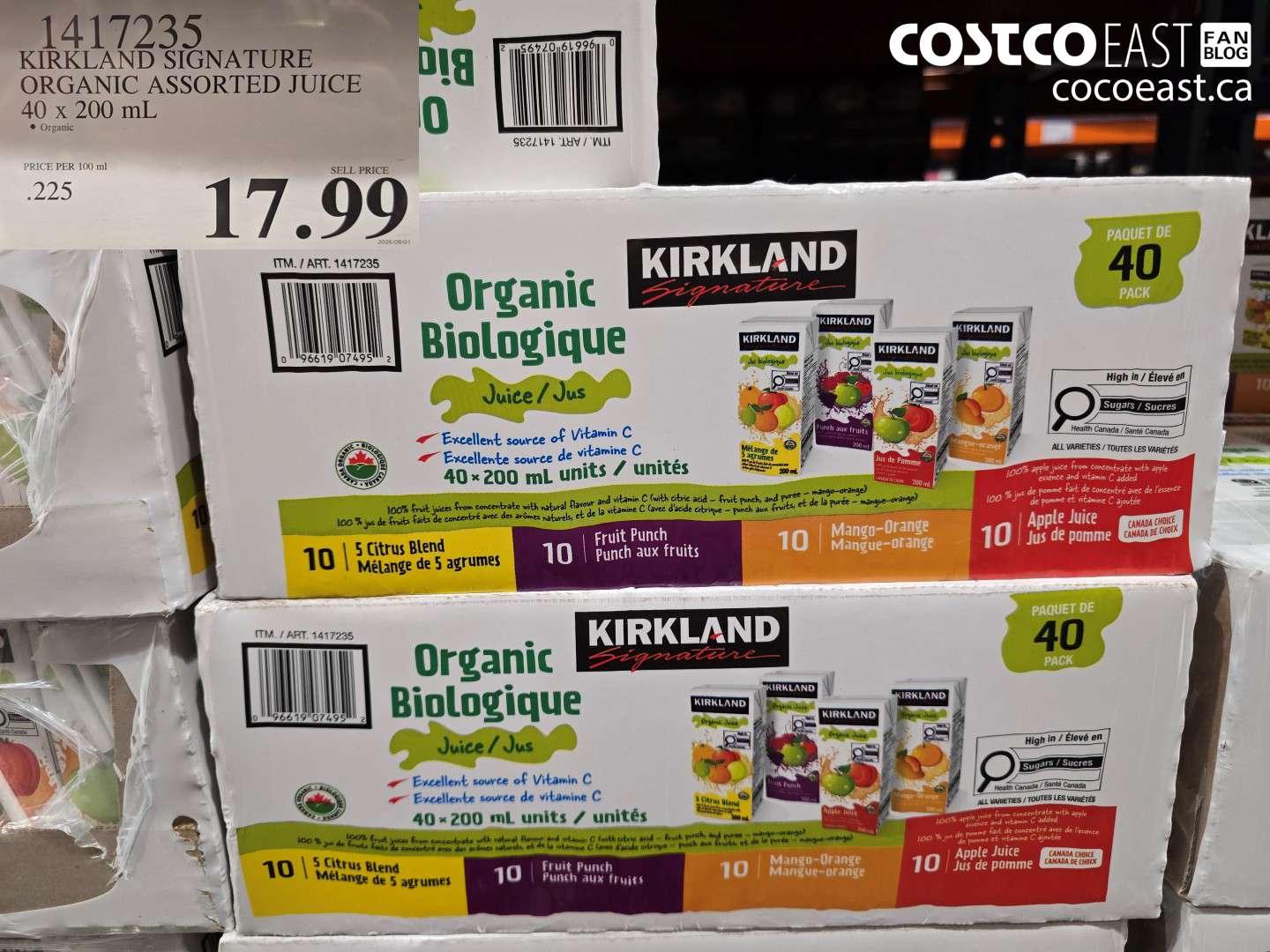 1417235 KIRKLAND SIGNATURE ORGANIC ASSORTED JUICE 40 X 200 ML $17.99