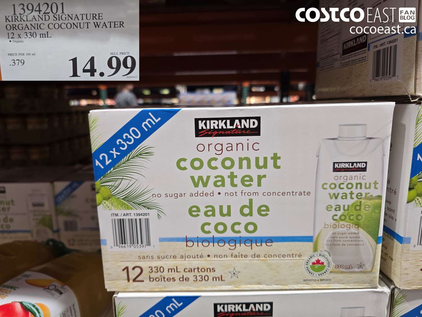 1394201 KIRKLAND SIGNATURE ORGANIC COCONUT WATER 12 X 330 ML $14.99