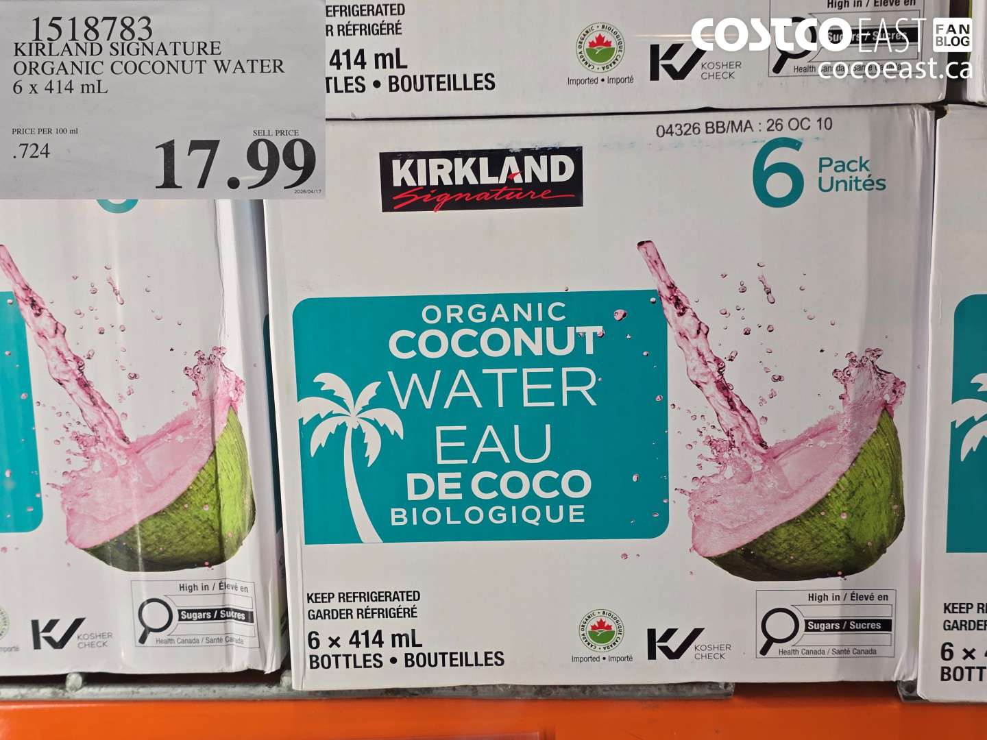 1518783 KIRKLAND SIGNATURE ORGANIC COCONUT WATER 6 X 414 ML $17.99