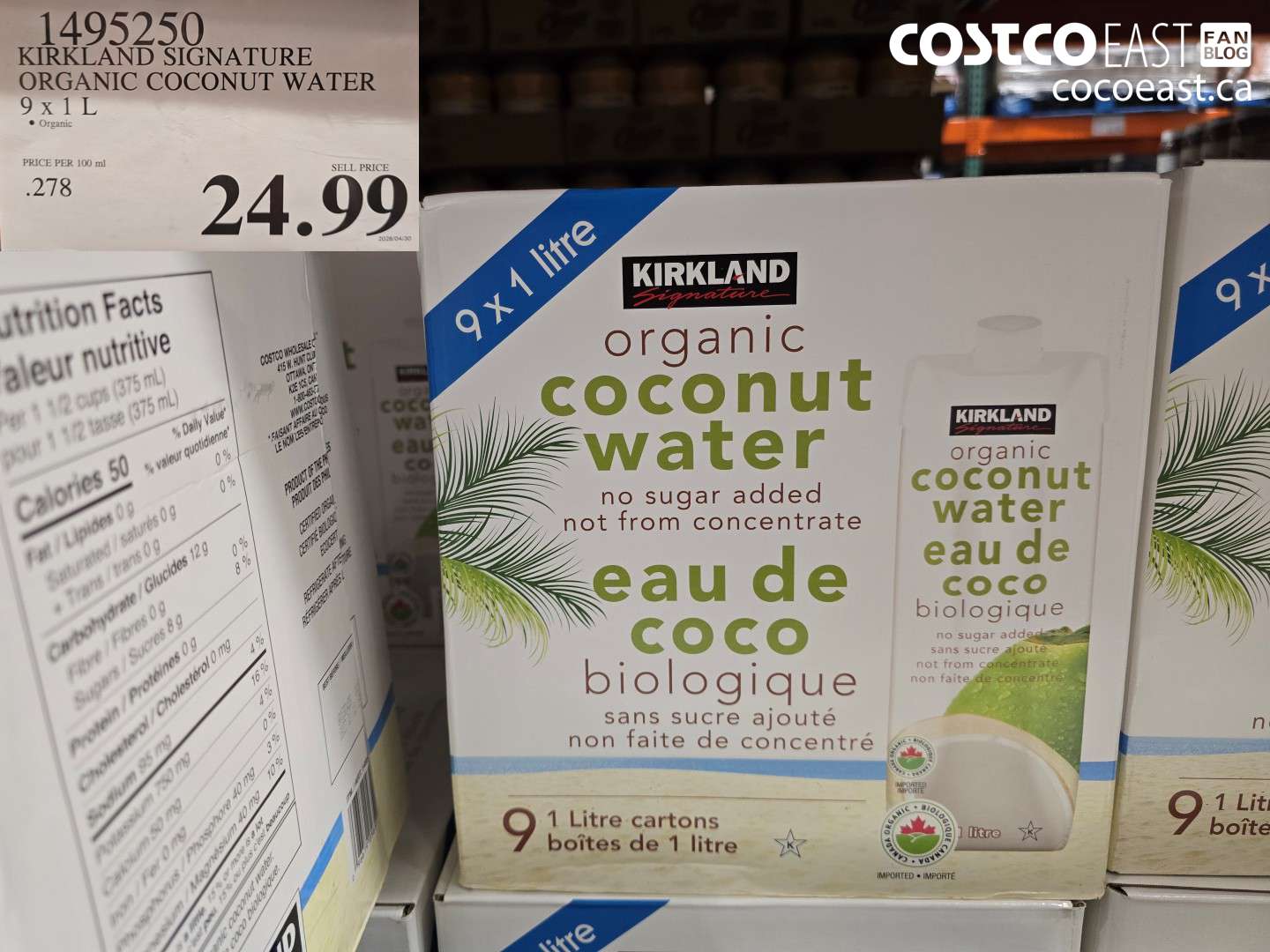 1495250 KIRKLAND SIGNATURE ORGANIC COCONUT WATER 9 X 1 L $24.99