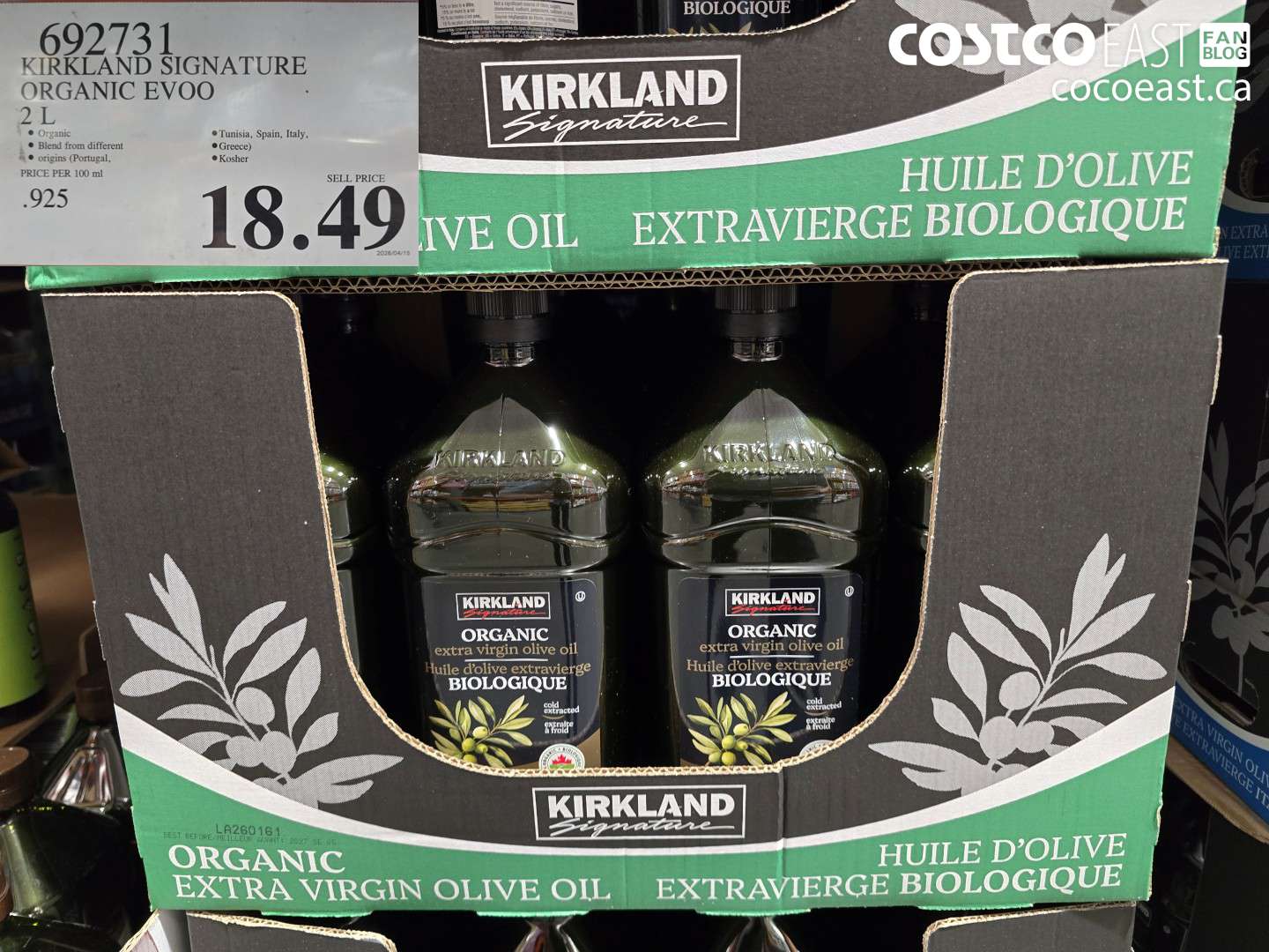 692731 KIRKLAND SIGNATURE ORGANIC EVOO 2 L $18.49