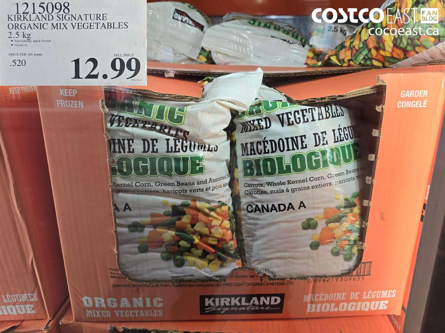 1215098 KIRKLAND SIGNATURE ORGANIC MIX VEGETABLES 2.5 KG $12.99