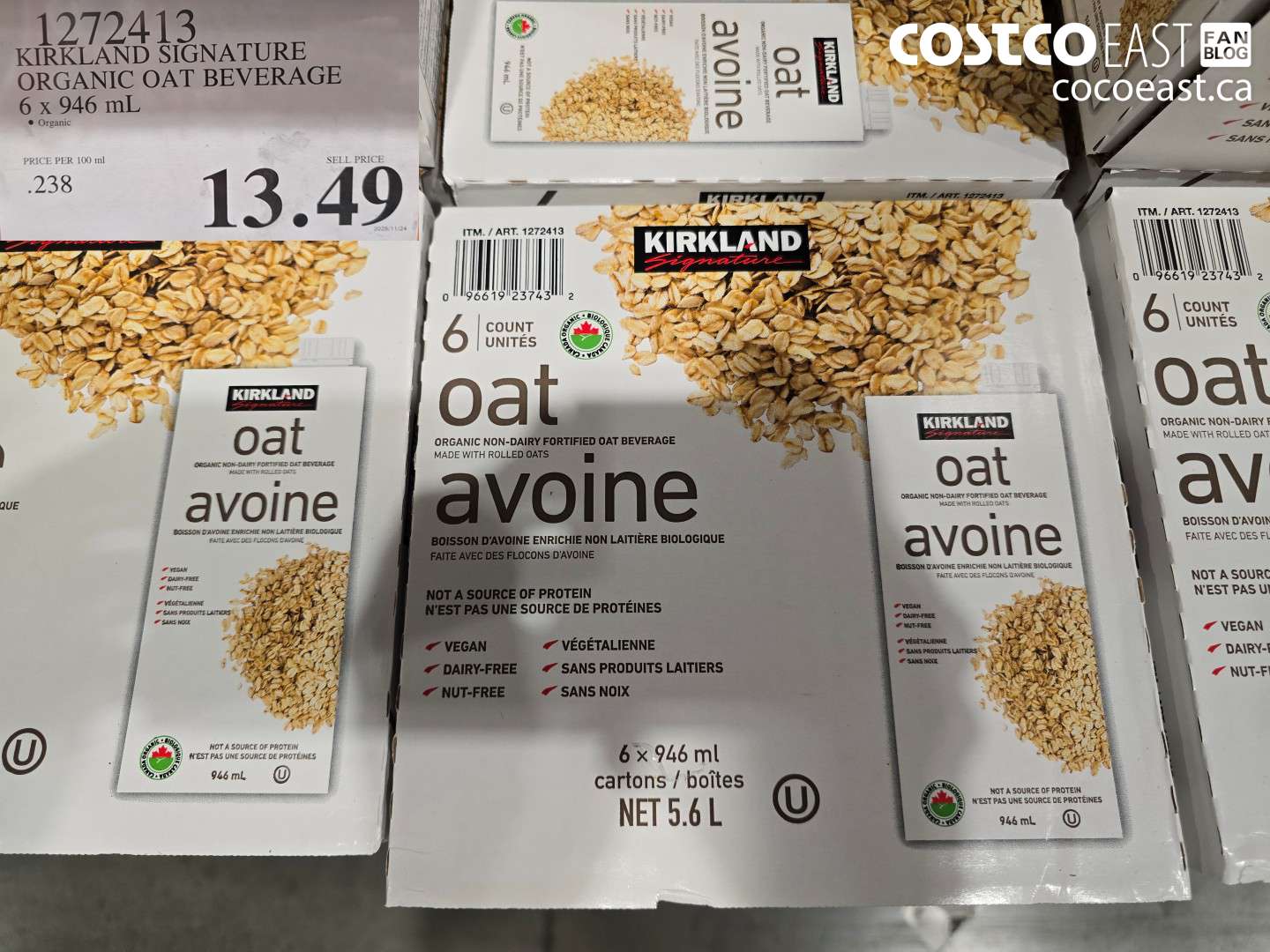 1272413 KIRKLAND SIGNATURE ORGANIC OAT BEVERAGE 6 X 946 ML $13.49