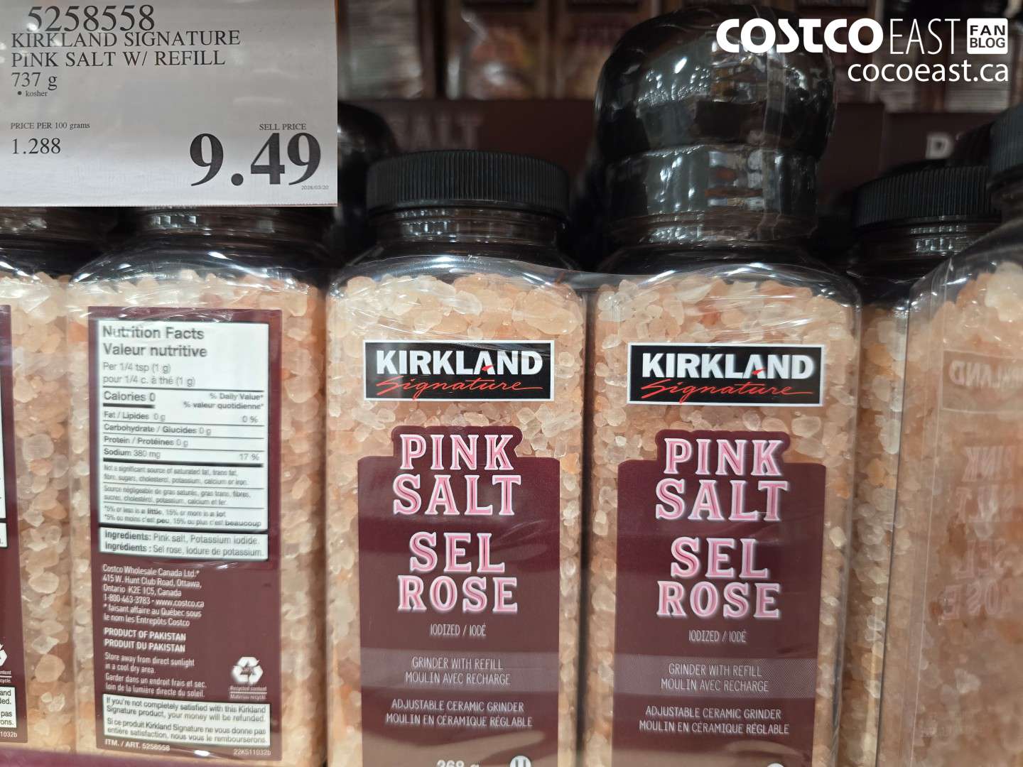 5258558 KIRKLAND SIGNATURE PINK SALT W/ REFILL 737 G $9.49