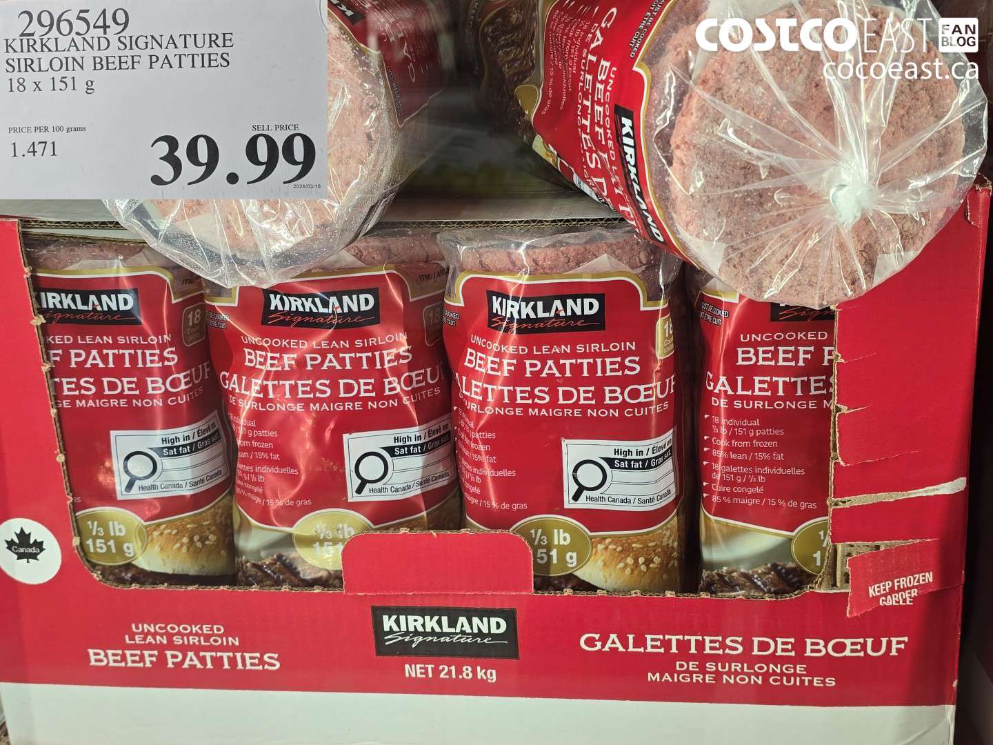 296549 KIRKLAND SIGNATURE SIRLOIN BEEF PATTIES 18 X 151 G $39.99