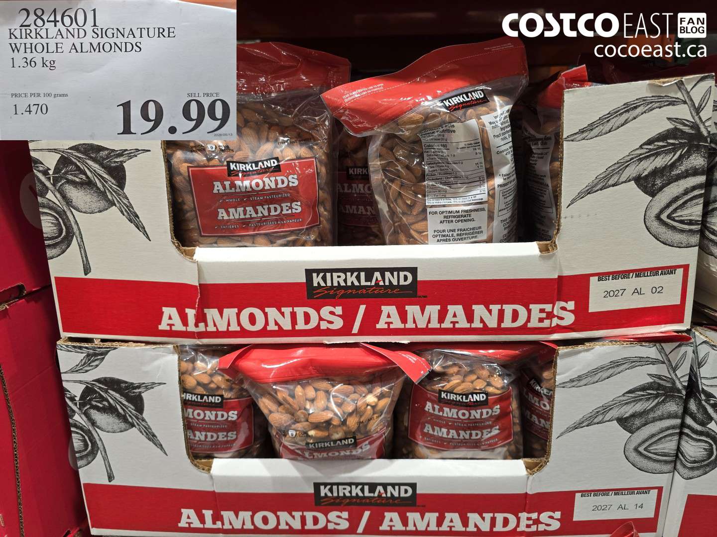 284601 KIRKLAND SIGNATURE WHOLE ALMONDS 1.36 KG $19.99