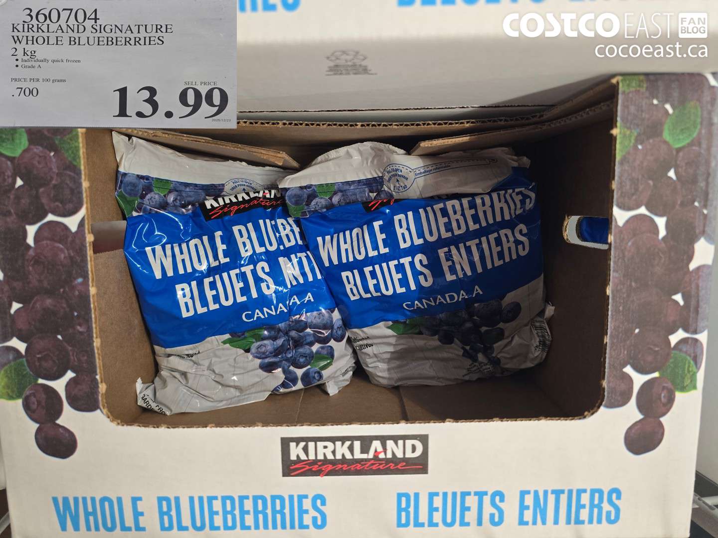 360704 KIRKLAND SIGNATURE WHOLE BLUEBERRIES 2 KG $13.99