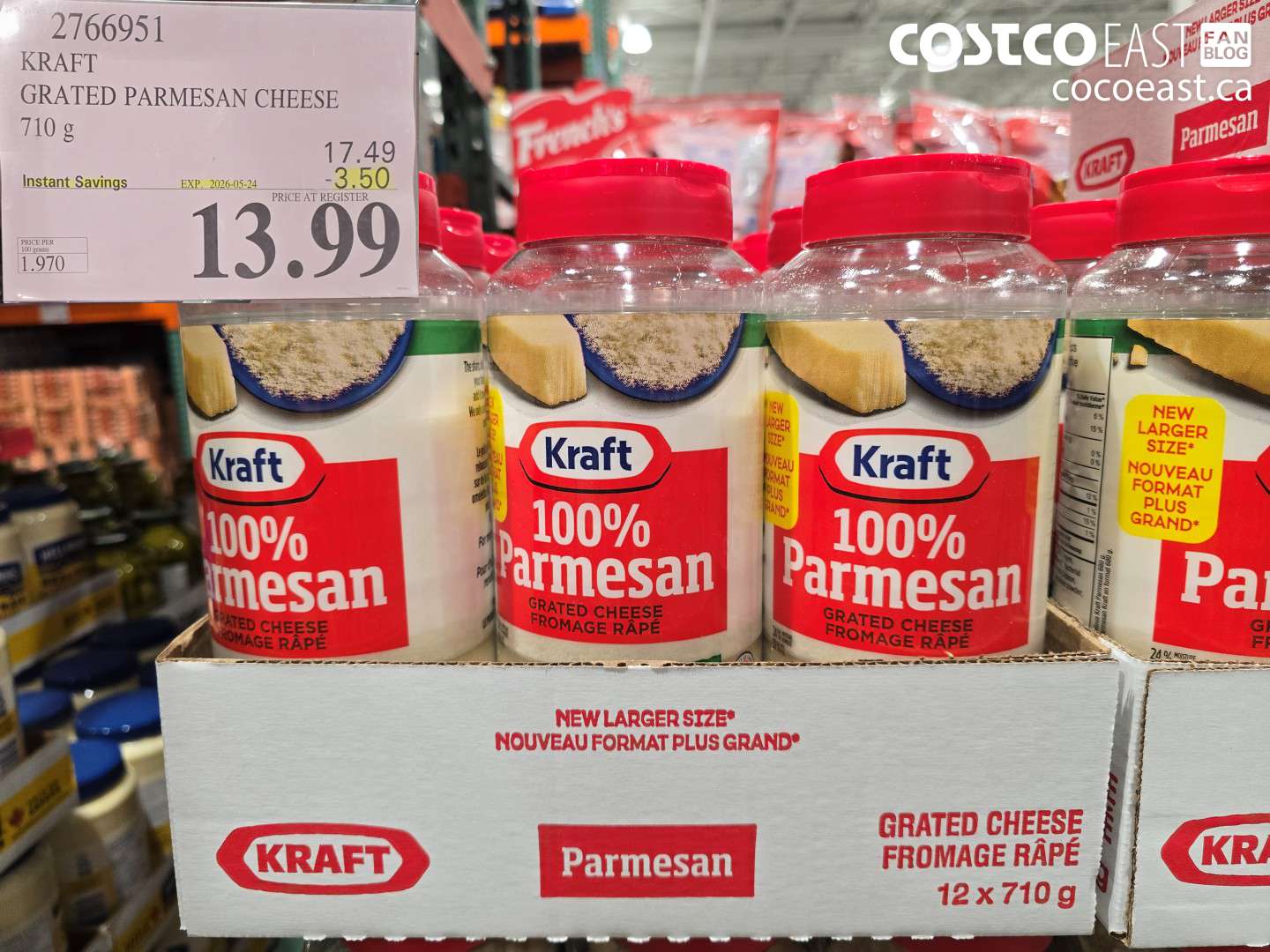 2766951 KRAFT GRATED PARMESAN CHEESE 710 G ($3.50 INSTANT SAVINGS EXPIRES ON 2026-05-24) $13.99