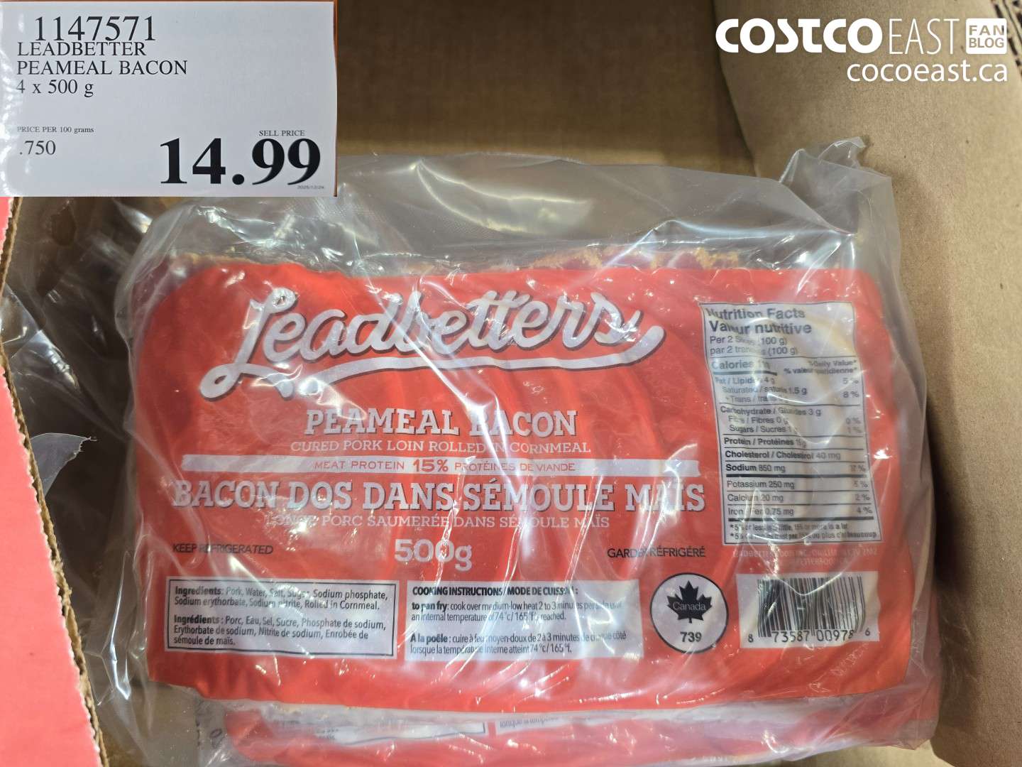 1147571 LEADBETTER PEAMEAL BACON 4 X 500 G $14.99