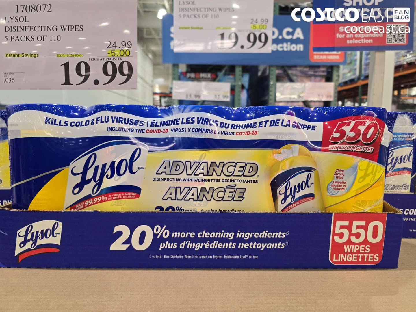 1708072 LYSOL DISINFECTING WIPES 5 PACKS OF 110 ($5.00 INSTANT SAVINGS EXPIRES ON 2026-05-10) $19.99