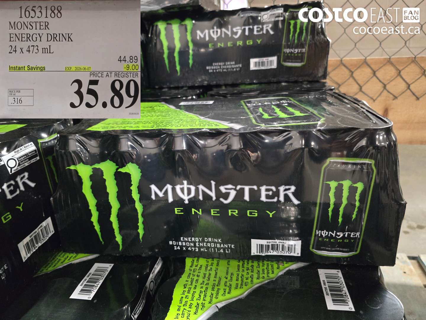 1653188 MONSTER ENERGY DRINK 24 X 473 ML ($9.00 INSTANT SAVINGS EXPIRES ON 2026-06-07) $35.89