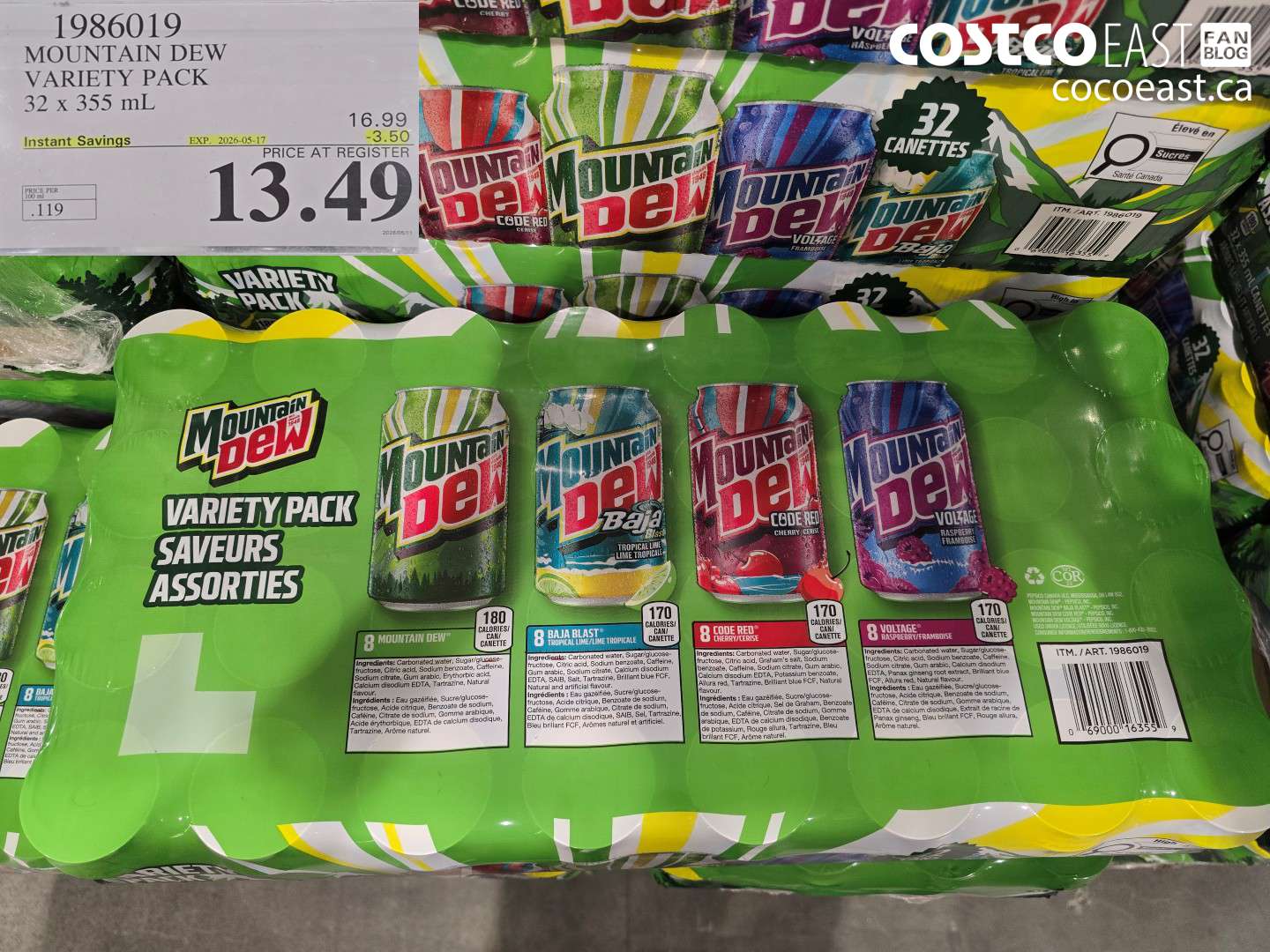 1986019 MOUNTAIN DEW VARIETY PACK 32 X 355 ML ($3.50 INSTANT SAVINGS EXPIRES ON 2026-05-17) $13.49