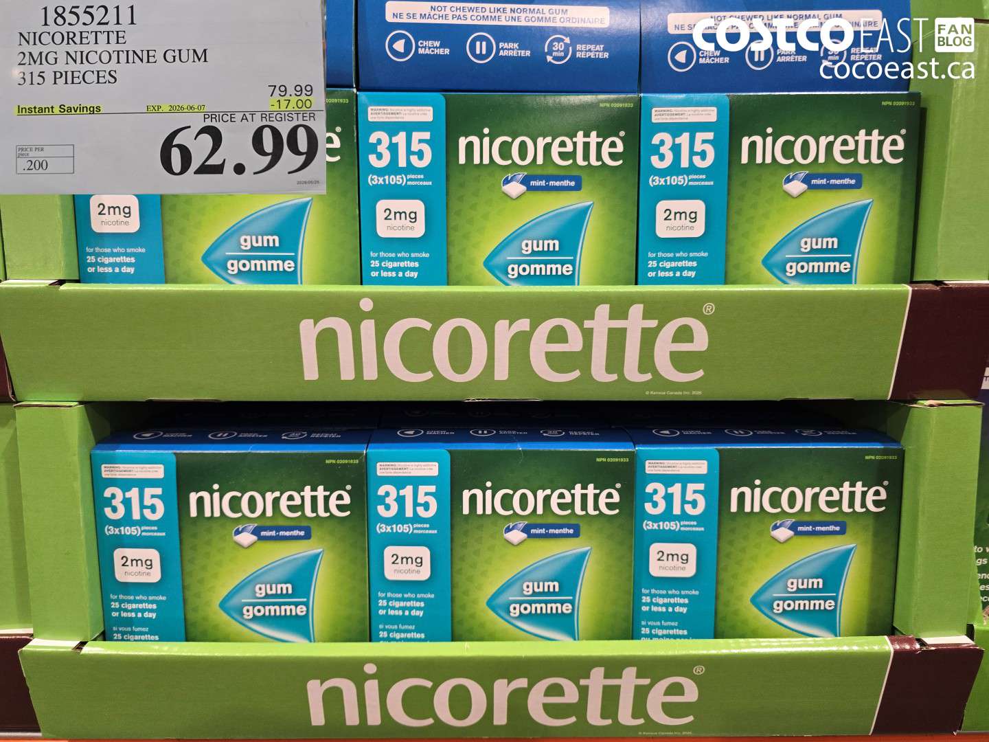 1855211 NICORETTE 2MG NICOTINE GUM 315 PIECES ($17.00 INSTANT SAVINGS EXPIRES ON 2026-06-07) $62.99