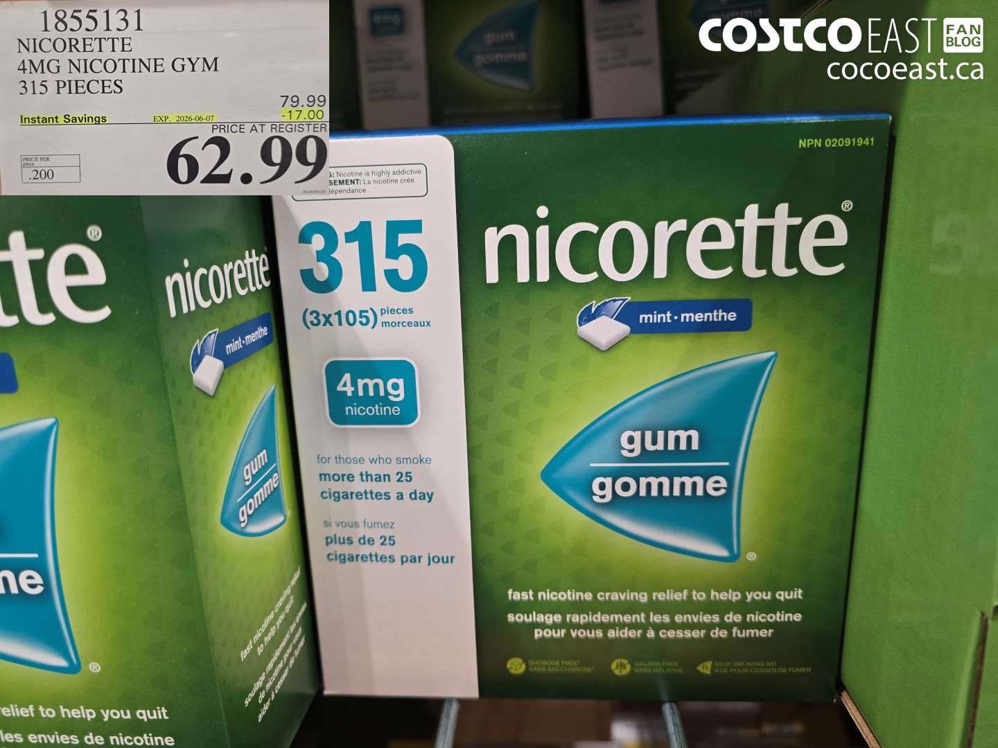 1855131 NICORETTE 4MG NICOTINE GYM 315 PIECES ($17.00 INSTANT SAVINGS EXPIRES ON 2026-06-07) $62.99