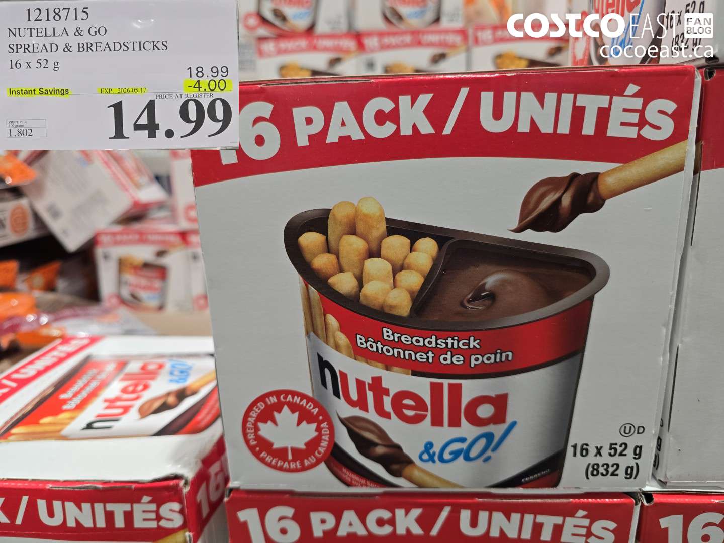 1218715 NUTELLA & GO SPREAD & BREADSTICKS 16 X 52 G ($4.00 INSTANT SAVINGS EXPIRES ON 2026-05-17) $14.99