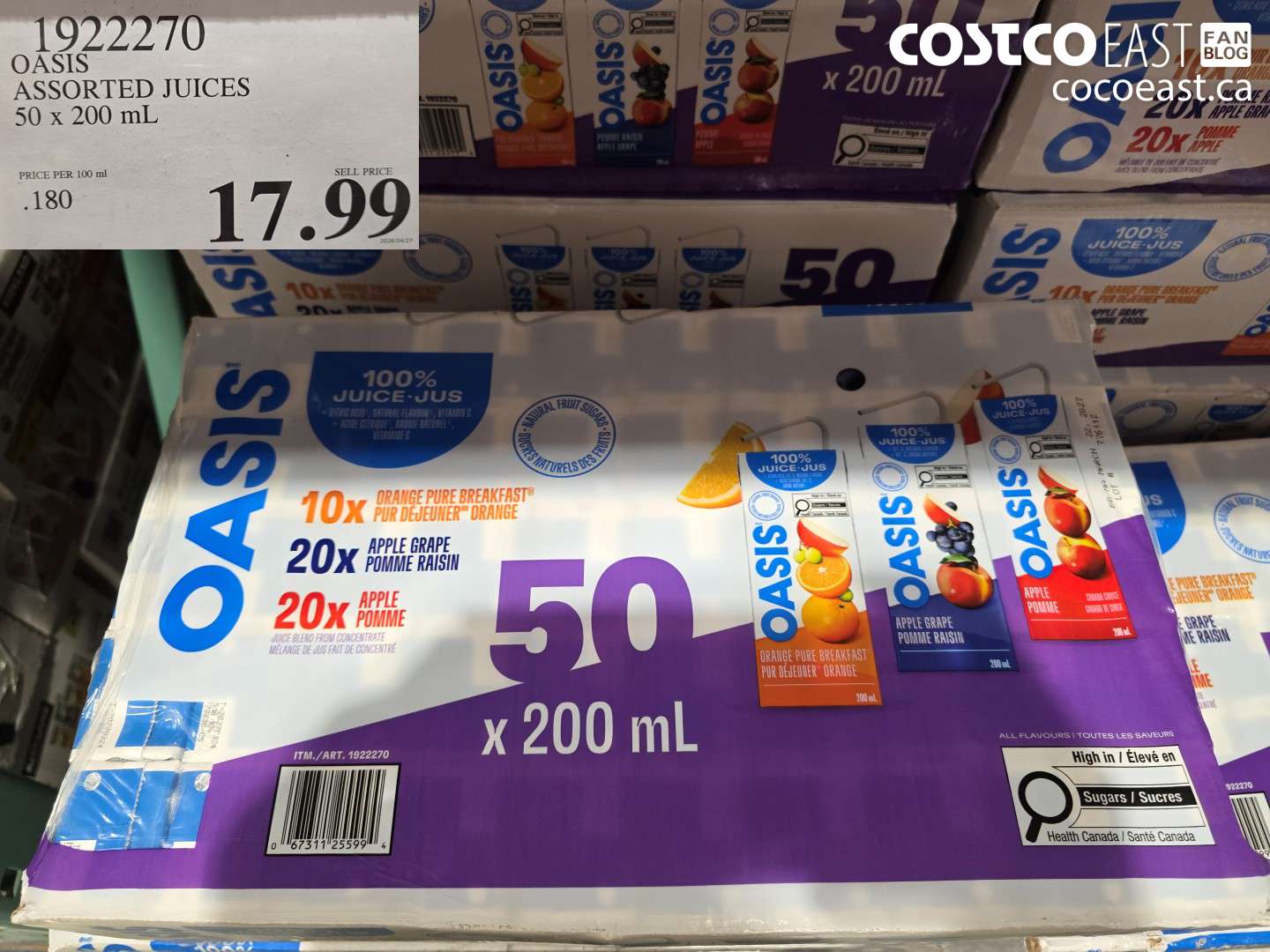 1922270 OASIS ASSORTED JUICES 50 X 200 ML $17.99