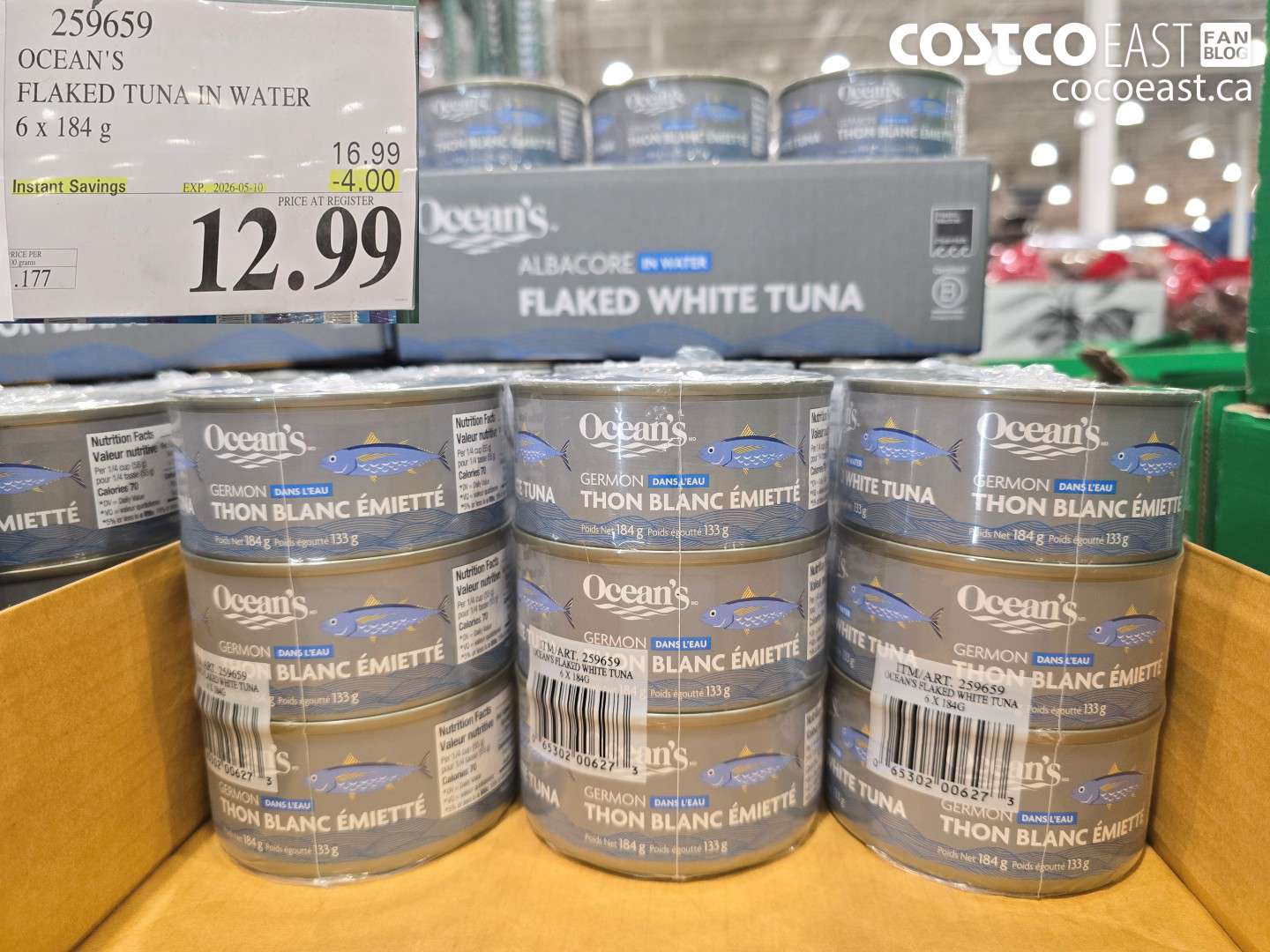 259659 OCEAN'S FLAKED TUNA IN WATER 6 X 184 G ($4.00 INSTANT SAVINGS EXPIRES ON 2026-05-10) $12.99