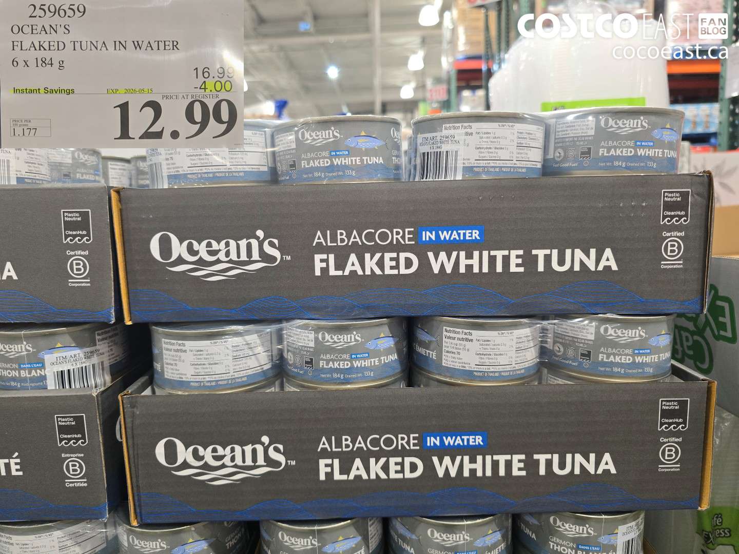 259659 OCEAN'S FLAKED TUNA IN WATER 6 X 184 G ($4.00 INSTANT SAVINGS EXPIRES ON 2026-05-15) $12.99