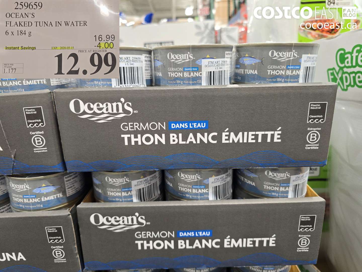 259659 OCEAN'S FLAKED TUNA IN WATER 6 X 184 G ($4.00 INSTANT SAVINGS EXPIRES ON 2026-05-15) $12.99
