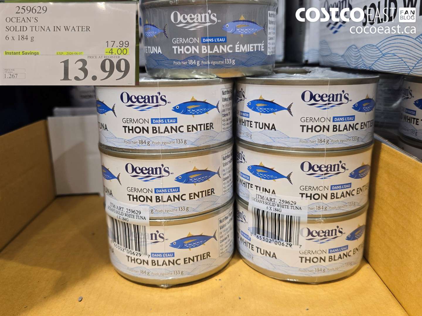 259629 OCEAN'S SOLID TUNA IN WATER 6 X 184 G ($4.00 INSTANT SAVINGS EXPIRES ON 2026-06-07) $13.99