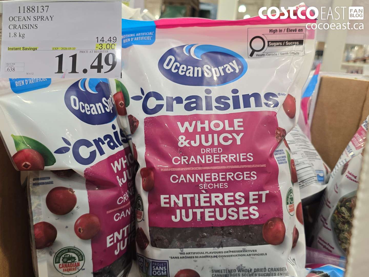 1188137 OCEAN SPRAY CRAISINS 1.8 KG ($3.00 INSTANT SAVINGS EXPIRES ON 2026-05-10) $11.49