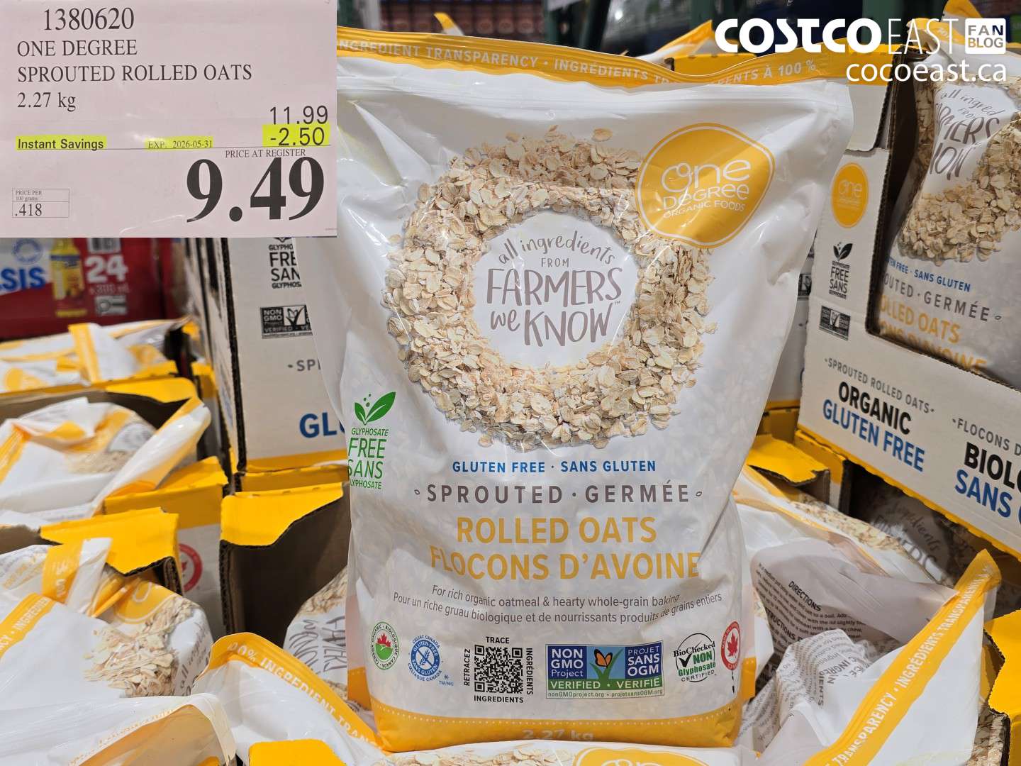 1380620 ONE DEGREE SPROUTED ROLLED OATS 2.27 KG ($2.50 INSTANT SAVINGS EXPIRES ON 2026-05-31) $9.49