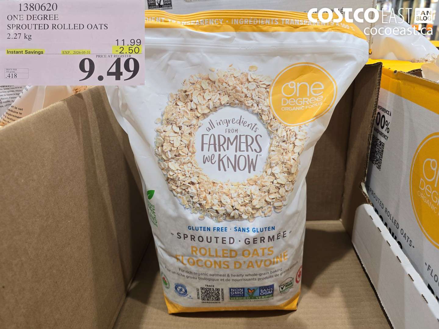 1380620 ONE DEGREE SPROUTED ROLLED OATS 2.27 KG ($2.50 INSTANT SAVINGS EXPIRES ON 2026-05-31) $9.49