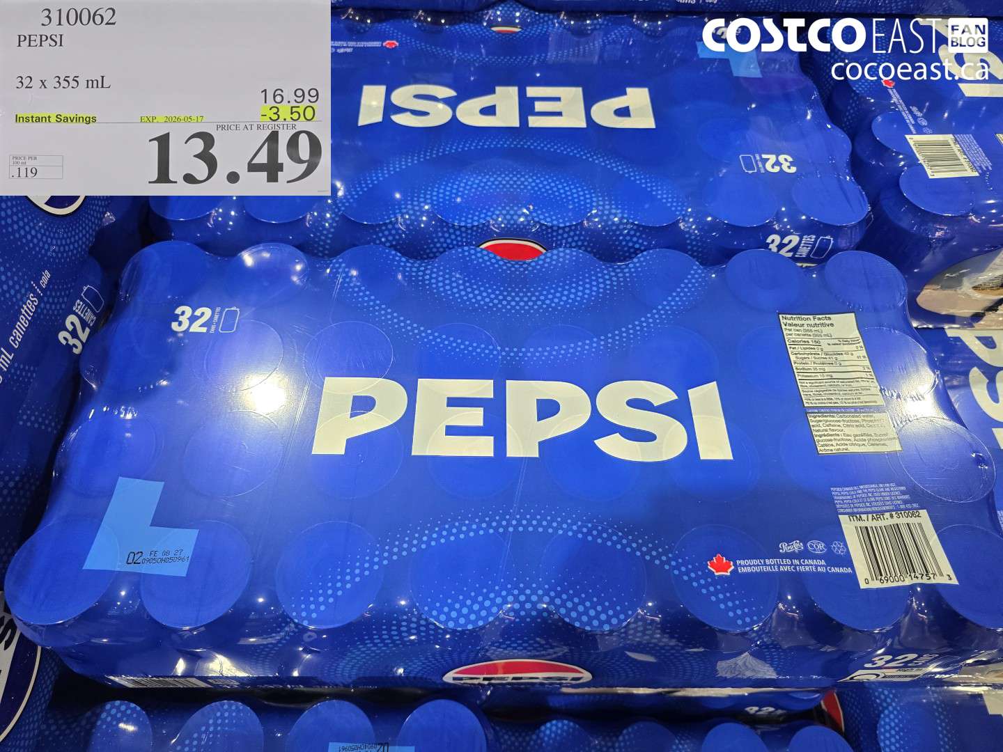 310062 PEPSI 32 X 355 ML ($3.50 INSTANT SAVINGS EXPIRES ON 2026-05-17) $13.49