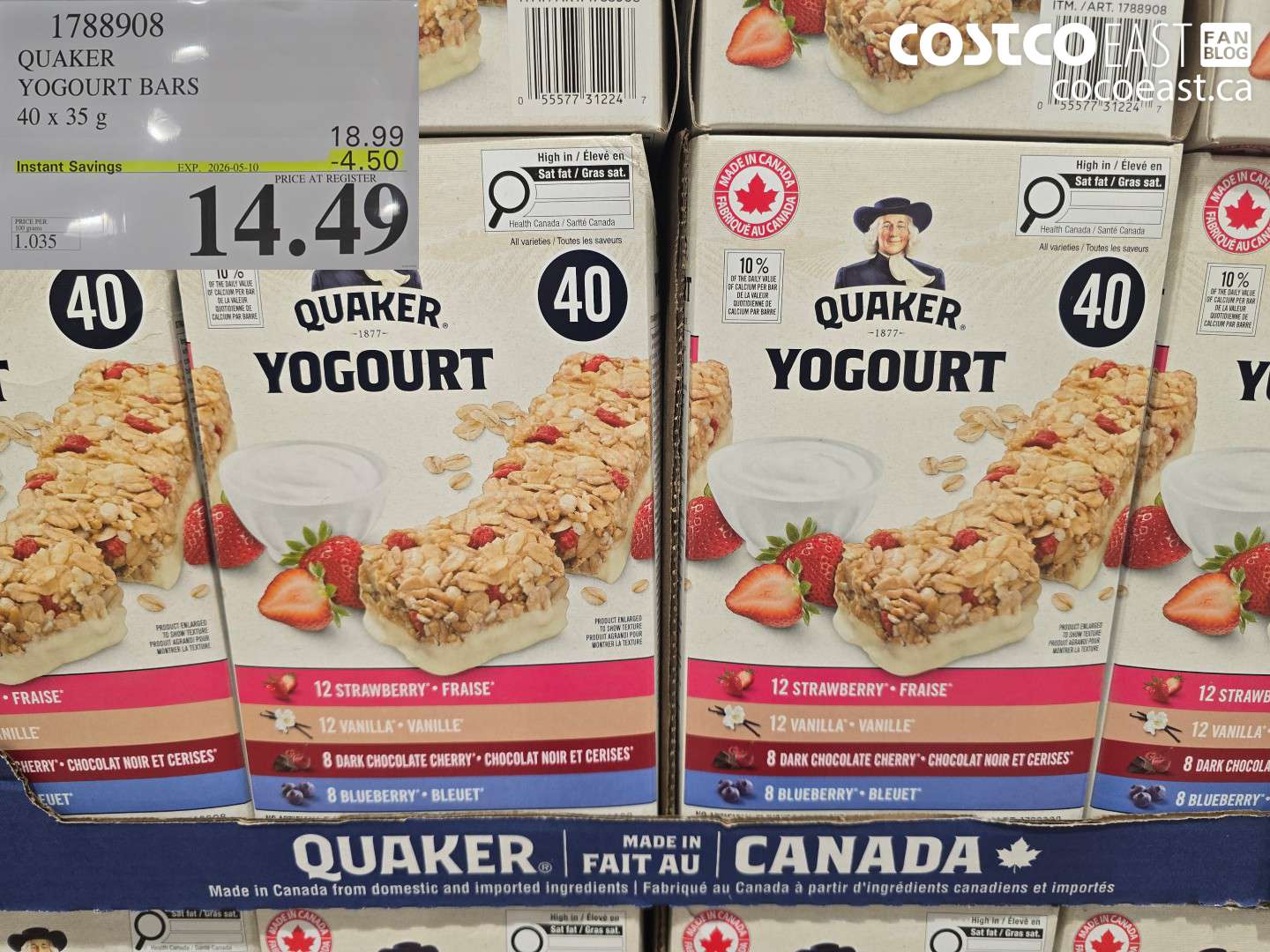 1788908 QUAKER YOGOURT BARS 40 X 35 G ($4.50 INSTANT SAVINGS EXPIRES ON 2026-05-10) $14.49