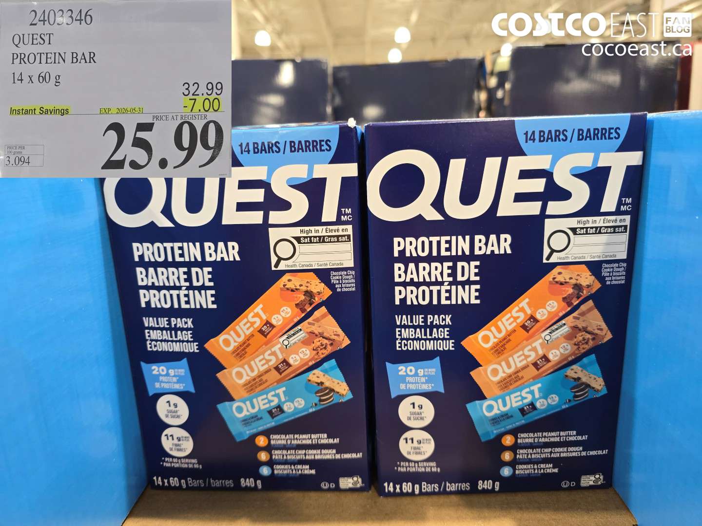 2403346 QUEST PROTEIN BAR 14 X 60 G ($7.00 INSTANT SAVINGS EXPIRES ON 2026-05-31) $25.99