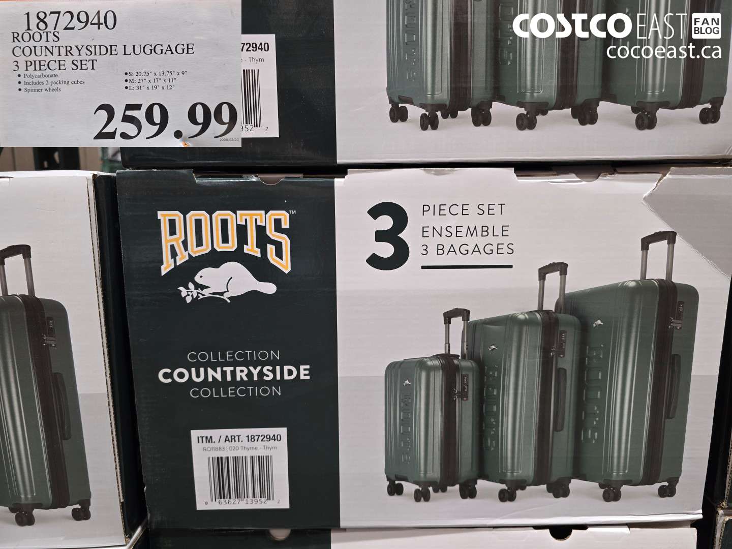 1872940 ROOTS COUNTRYSIDE LUGGAGE 3 PIECE SET $259.99