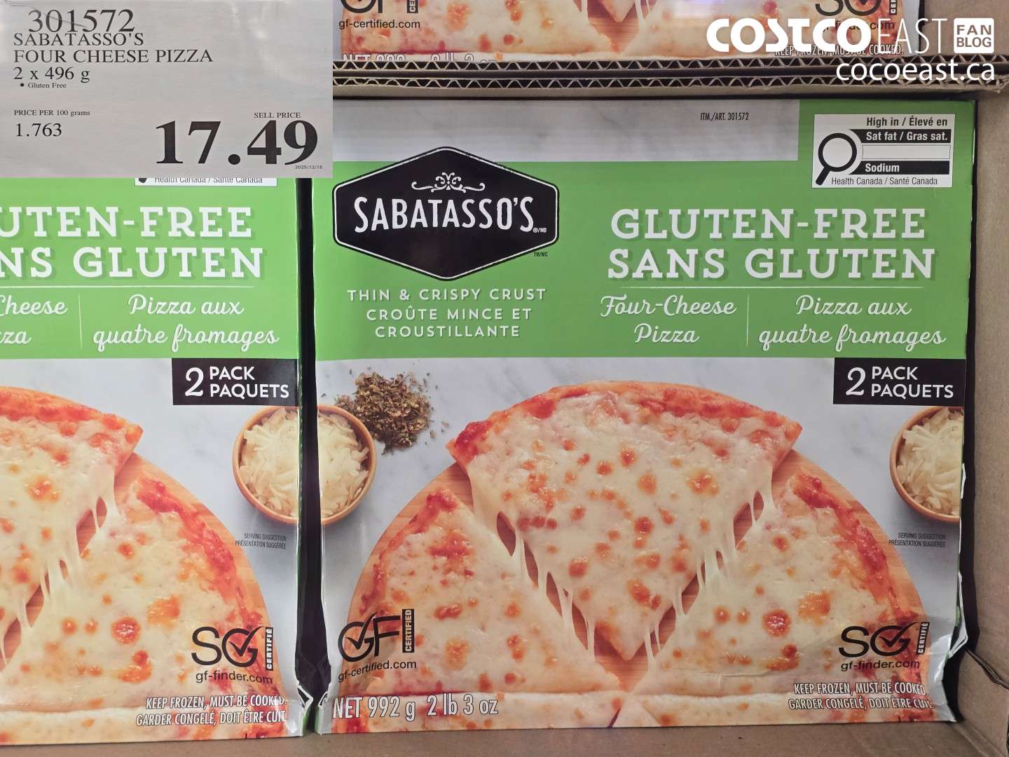 301572 SABATASSO'S FOUR CHEESE PIZZA 2 X 496 G $17.49