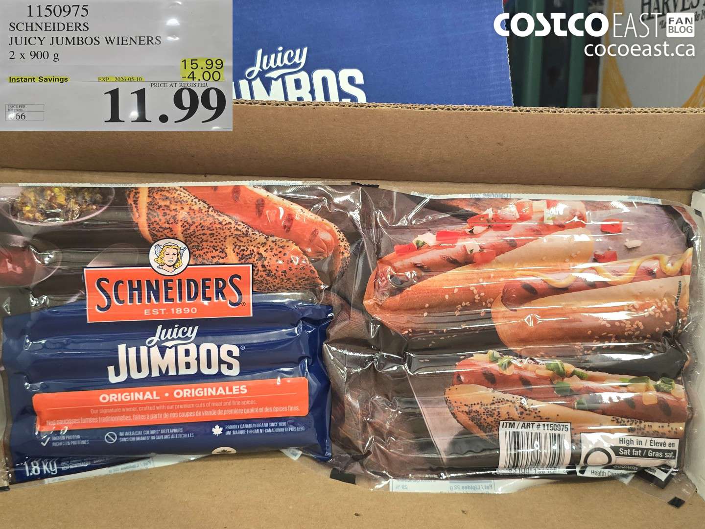 1150975 SCHNEIDERS JUICY JUMBOS WIENERS 2 X 900 G ($4.00 INSTANT SAVINGS EXPIRES ON 2026-05-10) $11.99