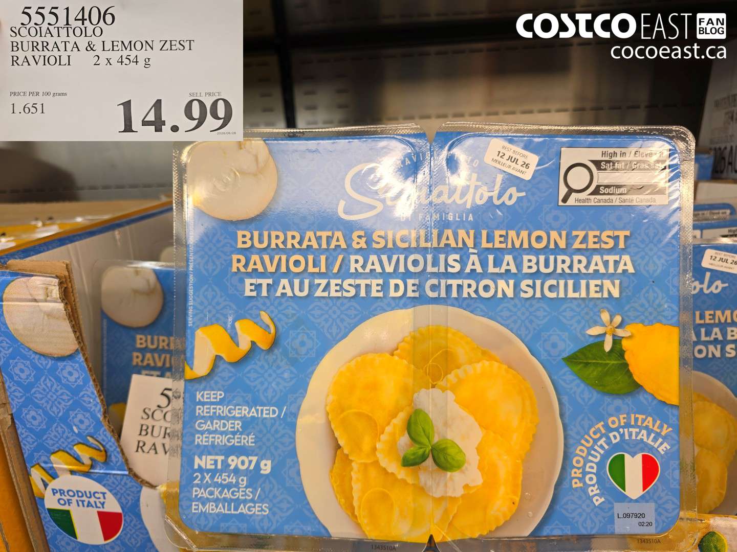 5551406 SCOIATTOLO BURRATA & LEMON ZEST RAVIOLI 2 X 454 G $14.99