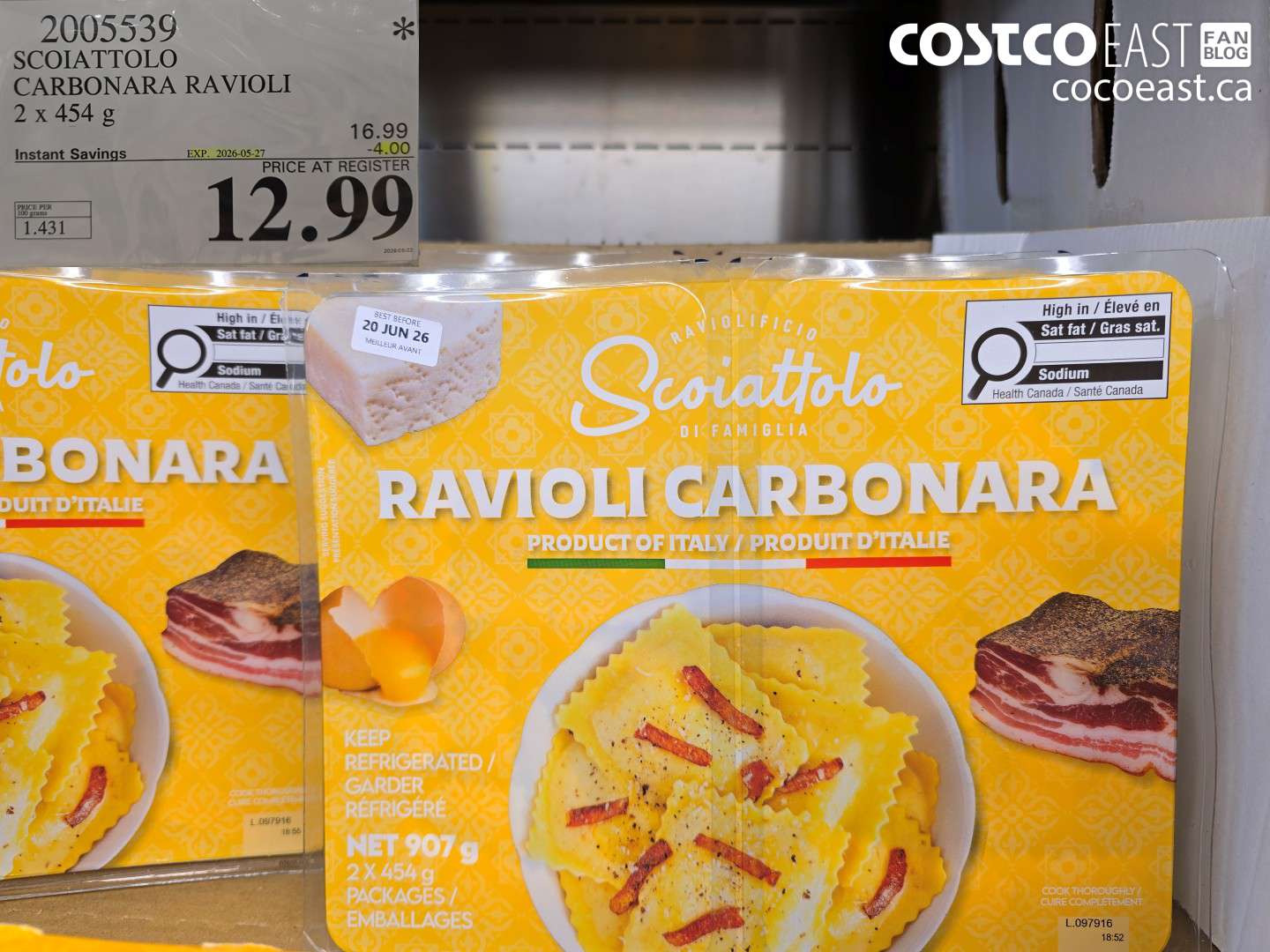 2005539 SCOIATTOLO CARBONARA RAVIOLI 2 X 454 G ($4.00 INSTANT SAVINGS EXPIRES ON 2026-05-27) $12.99