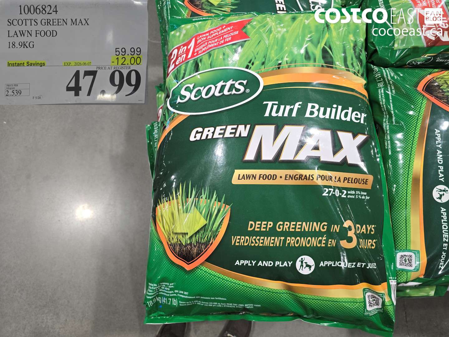 1006824 SCOTTS GREEN MAX LAWN FOOD 18.9KG ($12.00 INSTANT SAVINGS EXPIRES ON 2026-06-07) $47.99