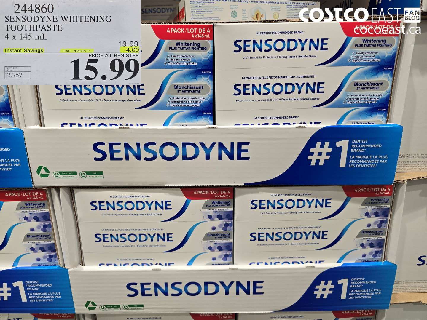 244860 SENSODYNE WHITENING TOOTHPASTE 4 X 145 ML ($4.00 INSTANT SAVINGS EXPIRES ON 2026-05-17) $15.99