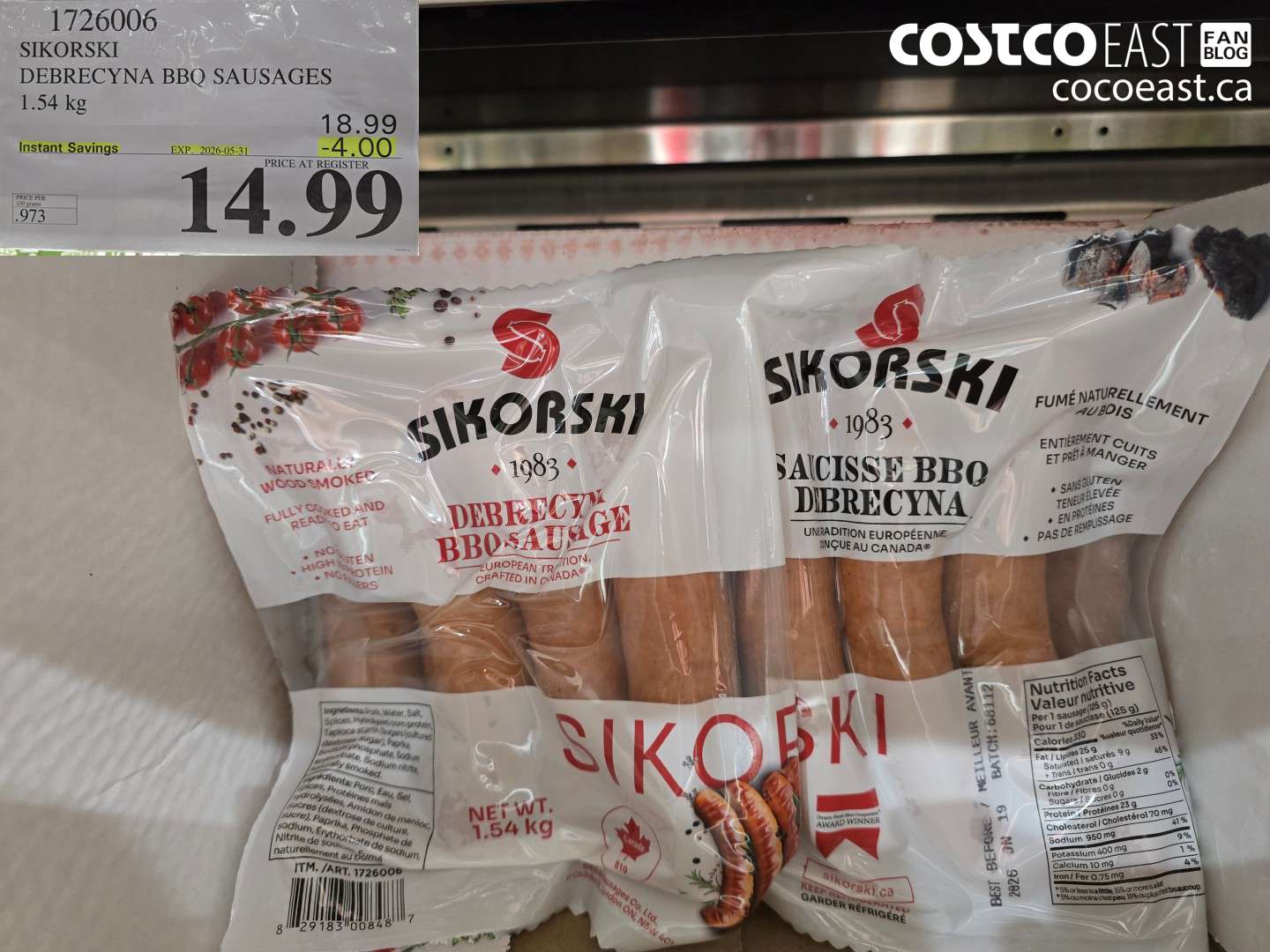 1726006 SIKORSKI DEBRECYNA BBQ SAUSAGES 1.54 KG ($4.00 INSTANT SAVINGS EXPIRES ON 2026-05-31) $14.99