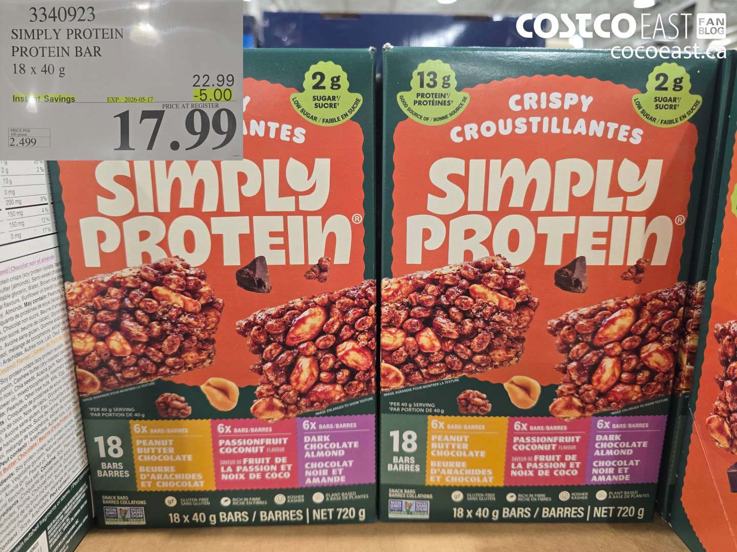 3340923 SIMPLY PROTEIN PROTEIN BAR 18 X 40 G ($5.00 INSTANT SAVINGS EXPIRES ON 2026-05-17) $17.99