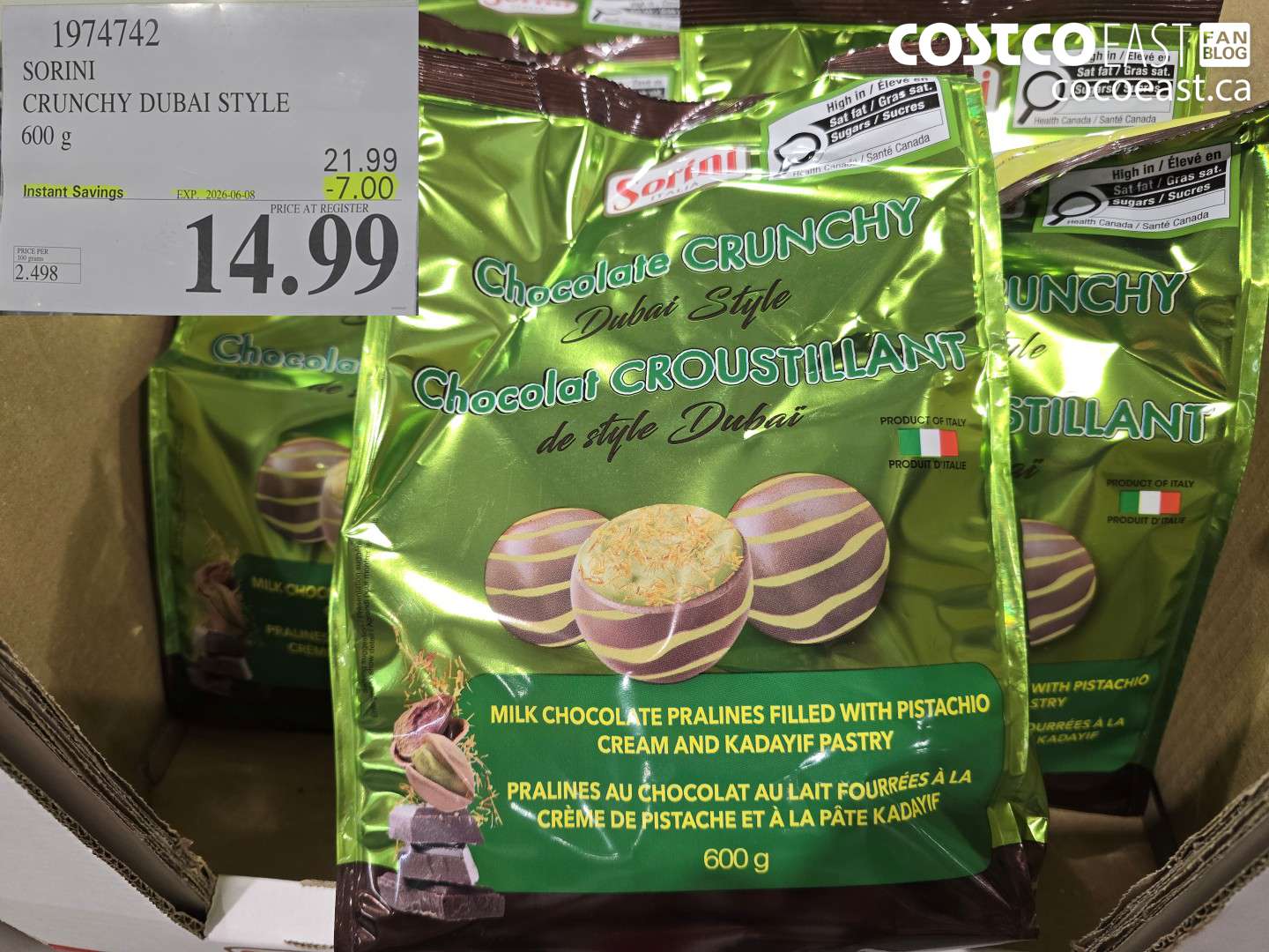 1974742 SORINI CRUNCHY DUBAI STYLE 600 G ($7.00 INSTANT SAVINGS EXPIRES ON 2026-06-08) $14.99
