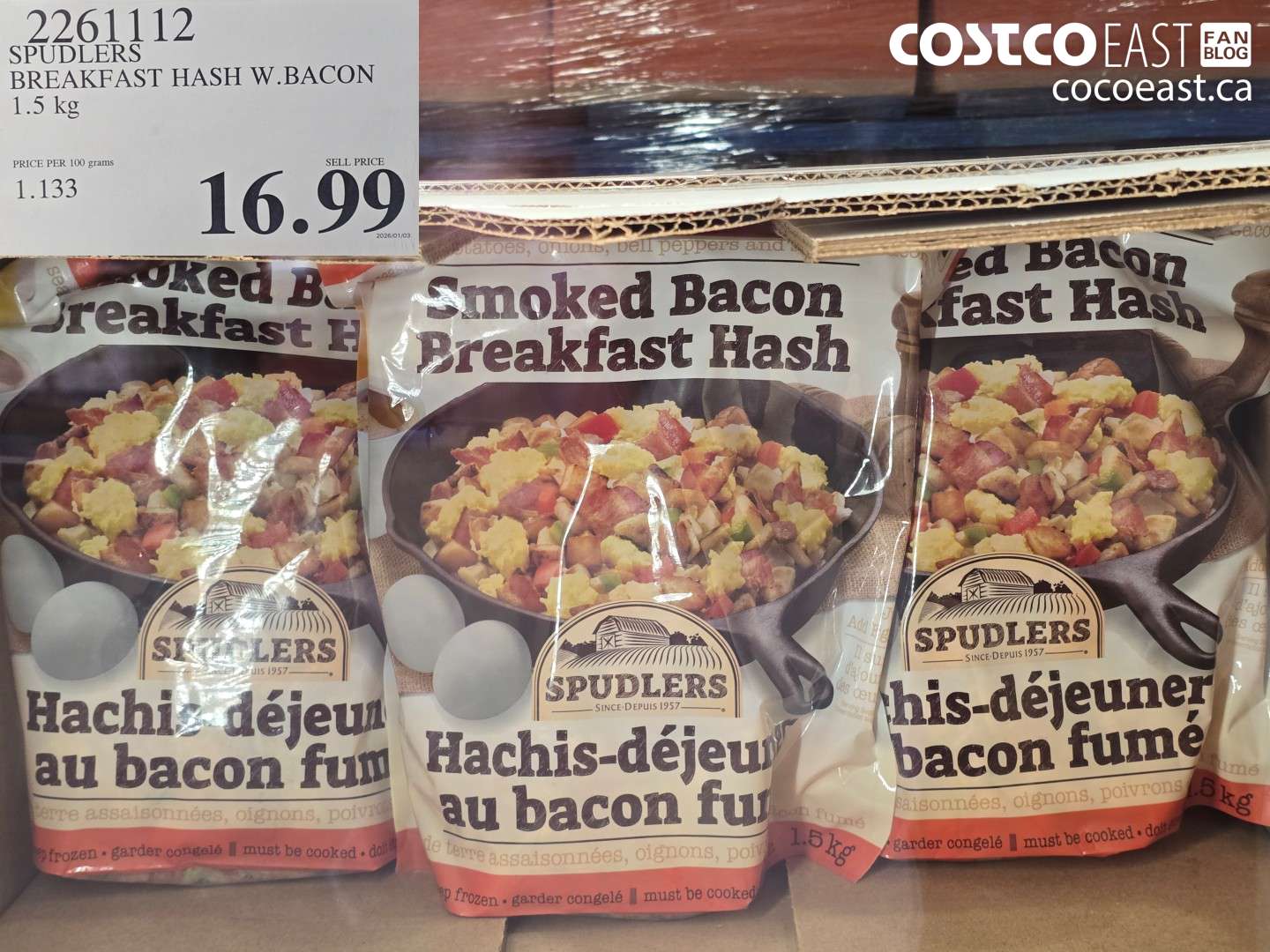 2261112 SPUDLERS BREAKFAST HASH W. BACON 1.5 KG $16.99