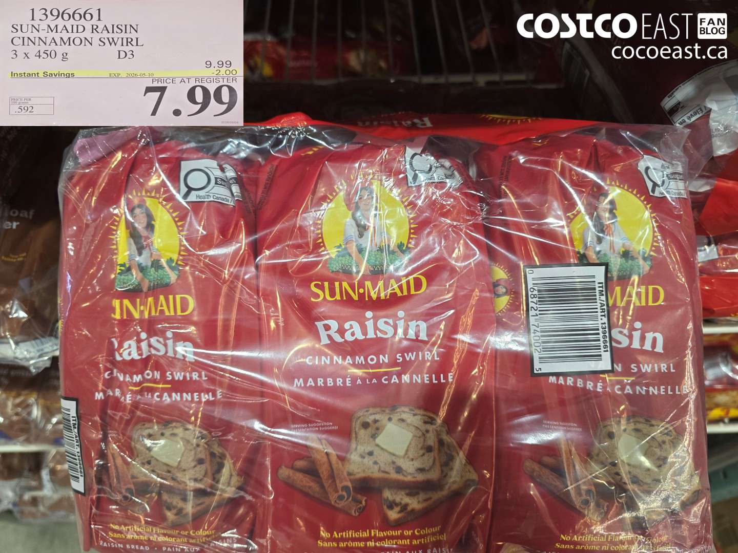 1396661 SUN-MAID RAISIN CINNAMON SWIRL 3 X 450 G ($2.00 INSTANT SAVINGS EXPIRES ON 2026-05-10) $7.99