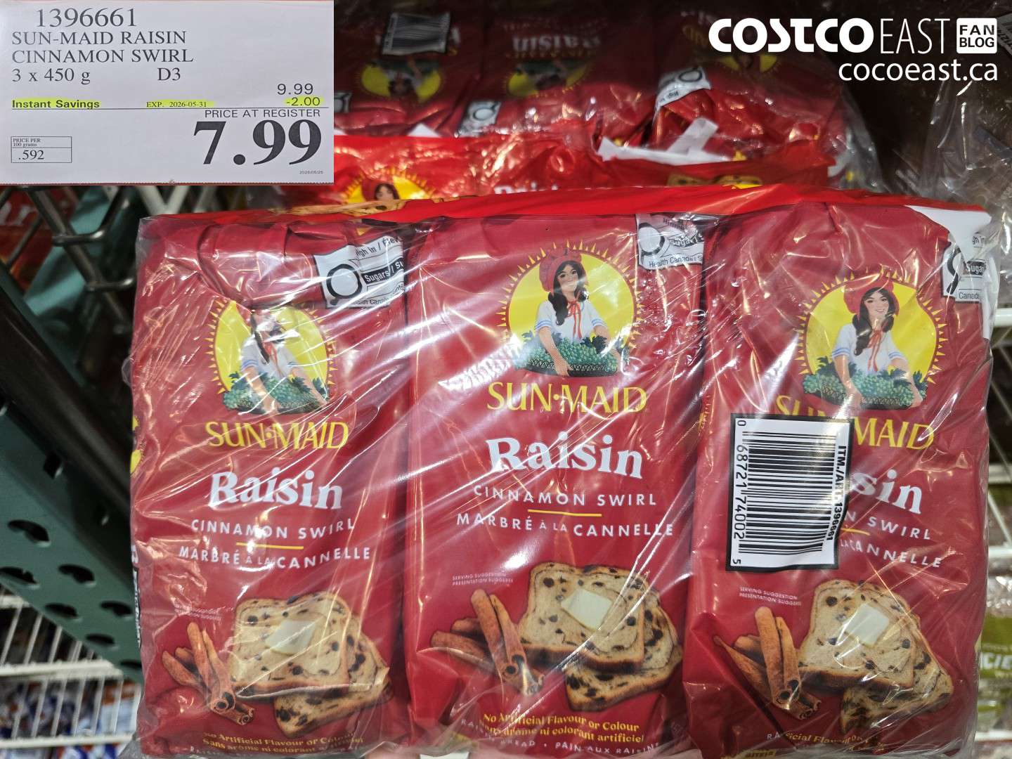 1396661 SUN-MAID RAISIN CINNAMON SWIRL 3 X 450 G ($2.00 INSTANT SAVINGS EXPIRES ON 2026-05-31) $7.99