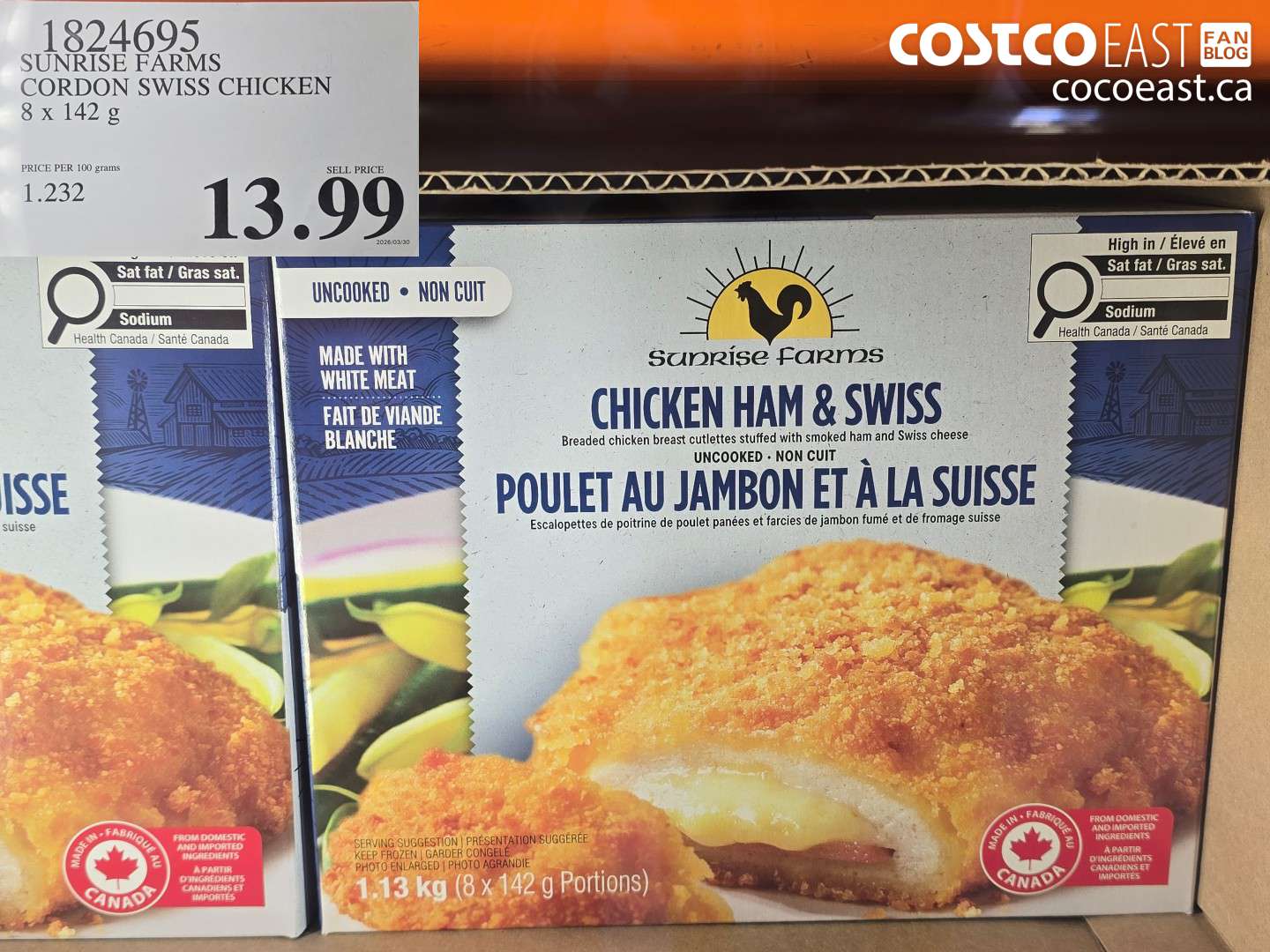 1824695 SUNRISE FARMS CORDON SWISS CHICKEN 8 X 142 G $13.99