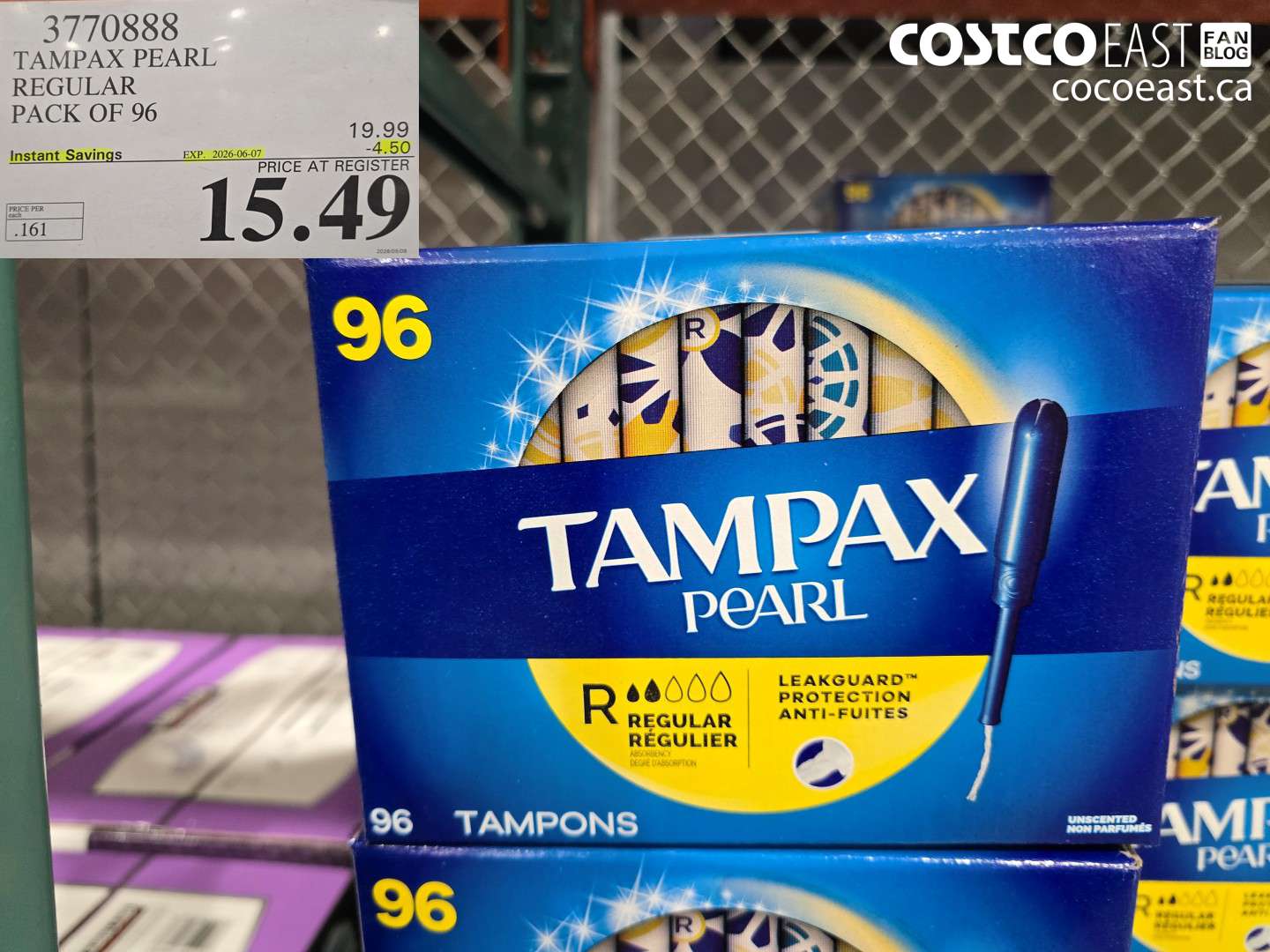 3770888 TAMPAX PEARL REGULAR PACK OF 96 ($4.50 INSTANT SAVINGS EXPIRES ON 2026-06-07) $15.49