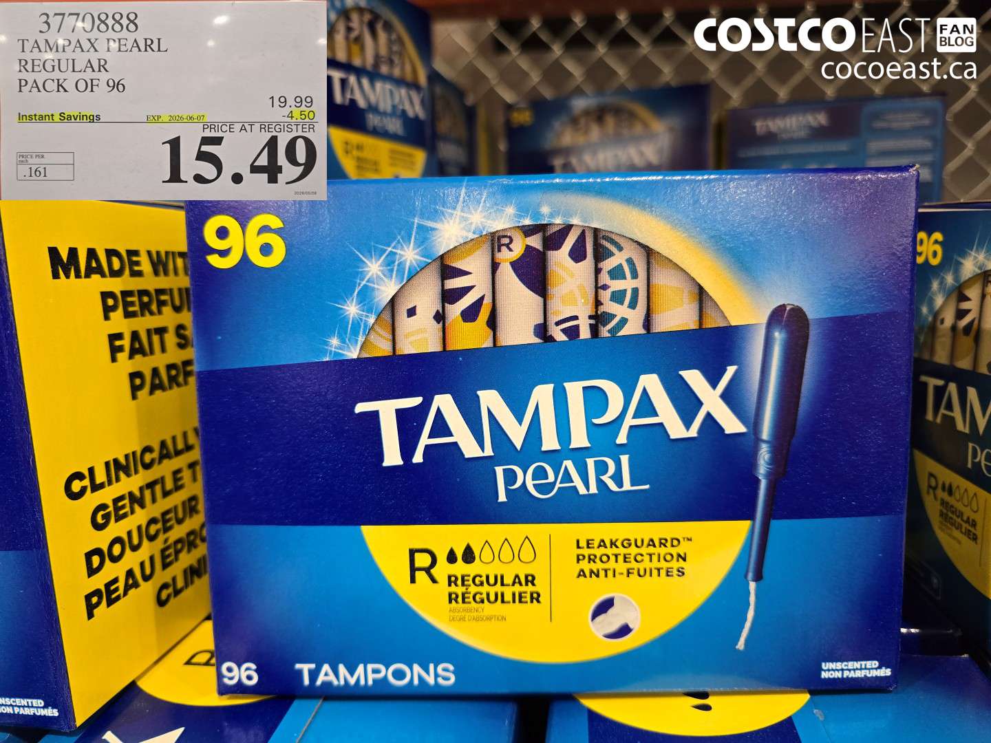 3770888 TAMPAX PEARL REGULAR PACK OF 96 ($4.50 INSTANT SAVINGS EXPIRES ON 2026-06-07) $15.49