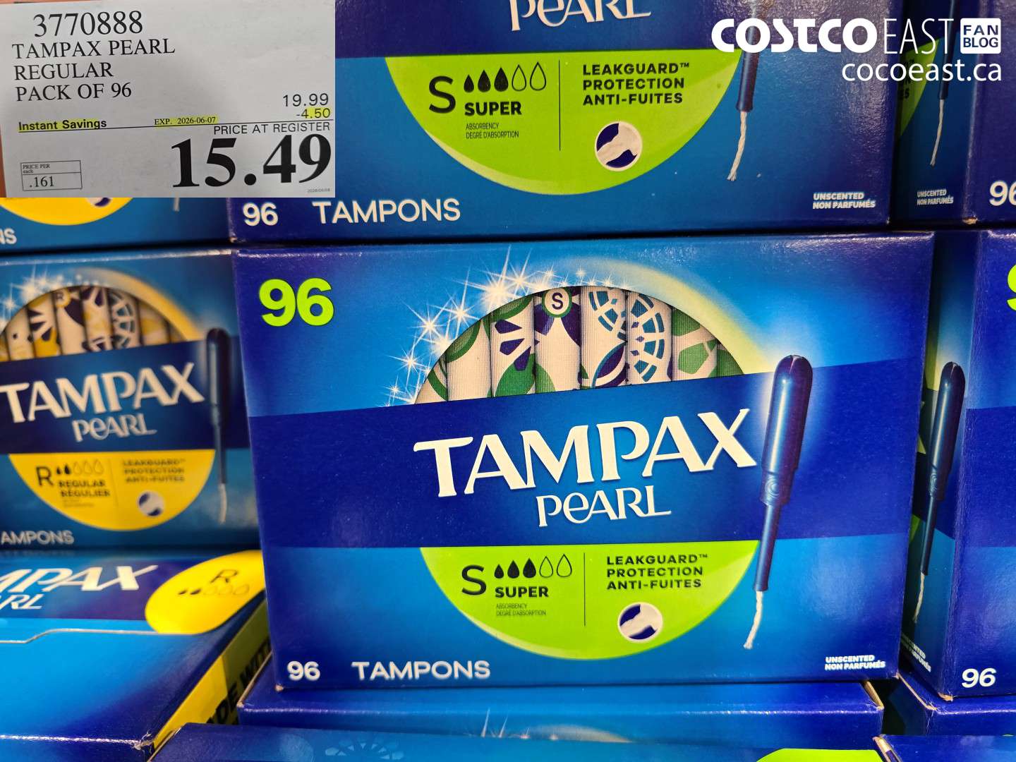 3770888 TAMPAX PEARL REGULAR PACK OF 96 ($4.50 INSTANT SAVINGS EXPIRES ON 2026-06-07) $15.49