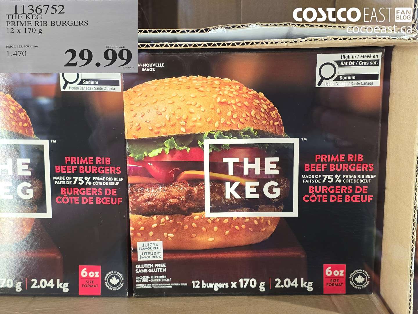 1136752 THE KEG PRIME RIB BURGERS 12 X 170 G $29.99