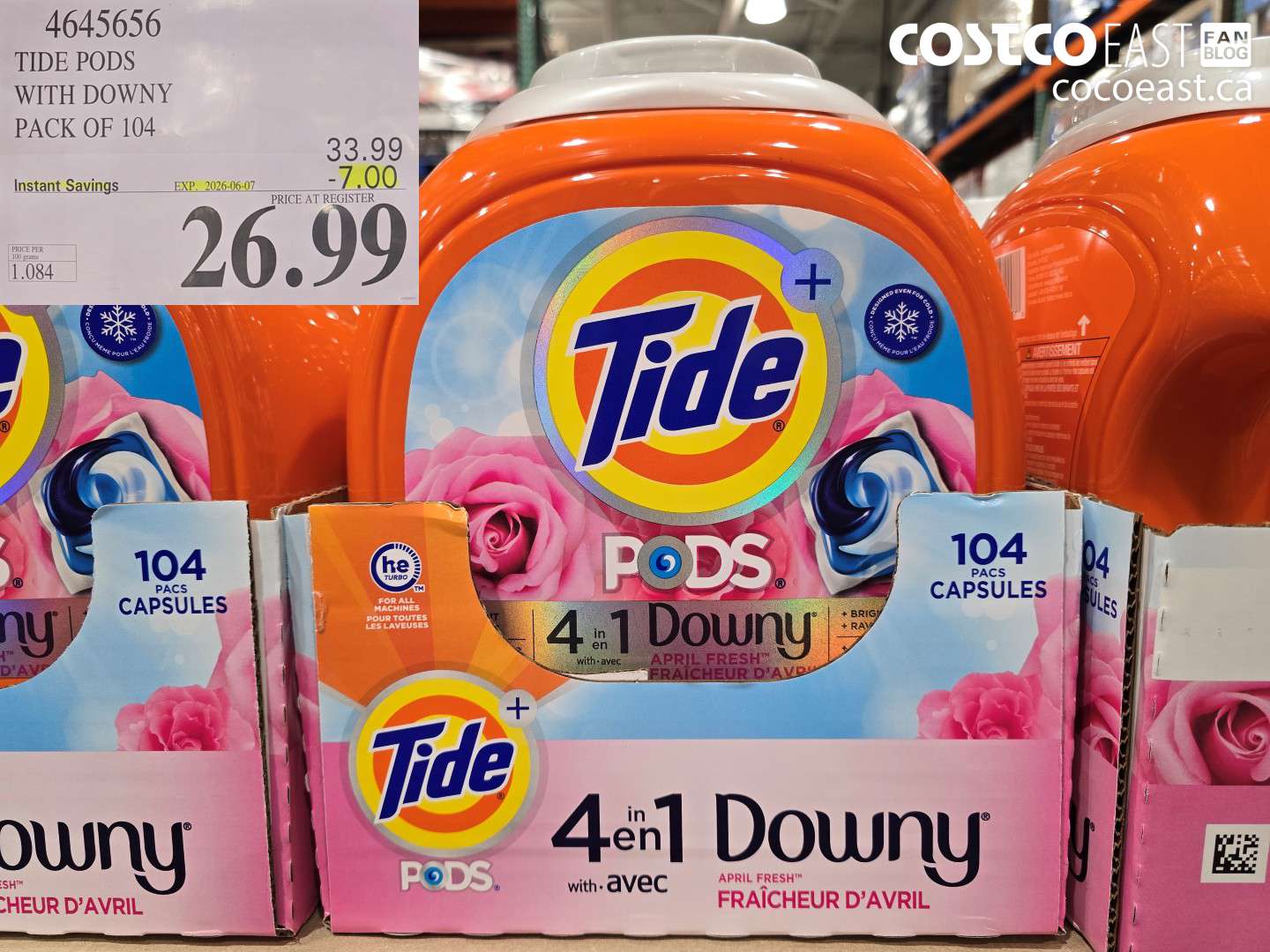 4645656 TIDE PODS WITH DOWNY PACK OF 104 ($7.00 INSTANT SAVINGS EXPIRES ON 2026-06-07) $26.99
