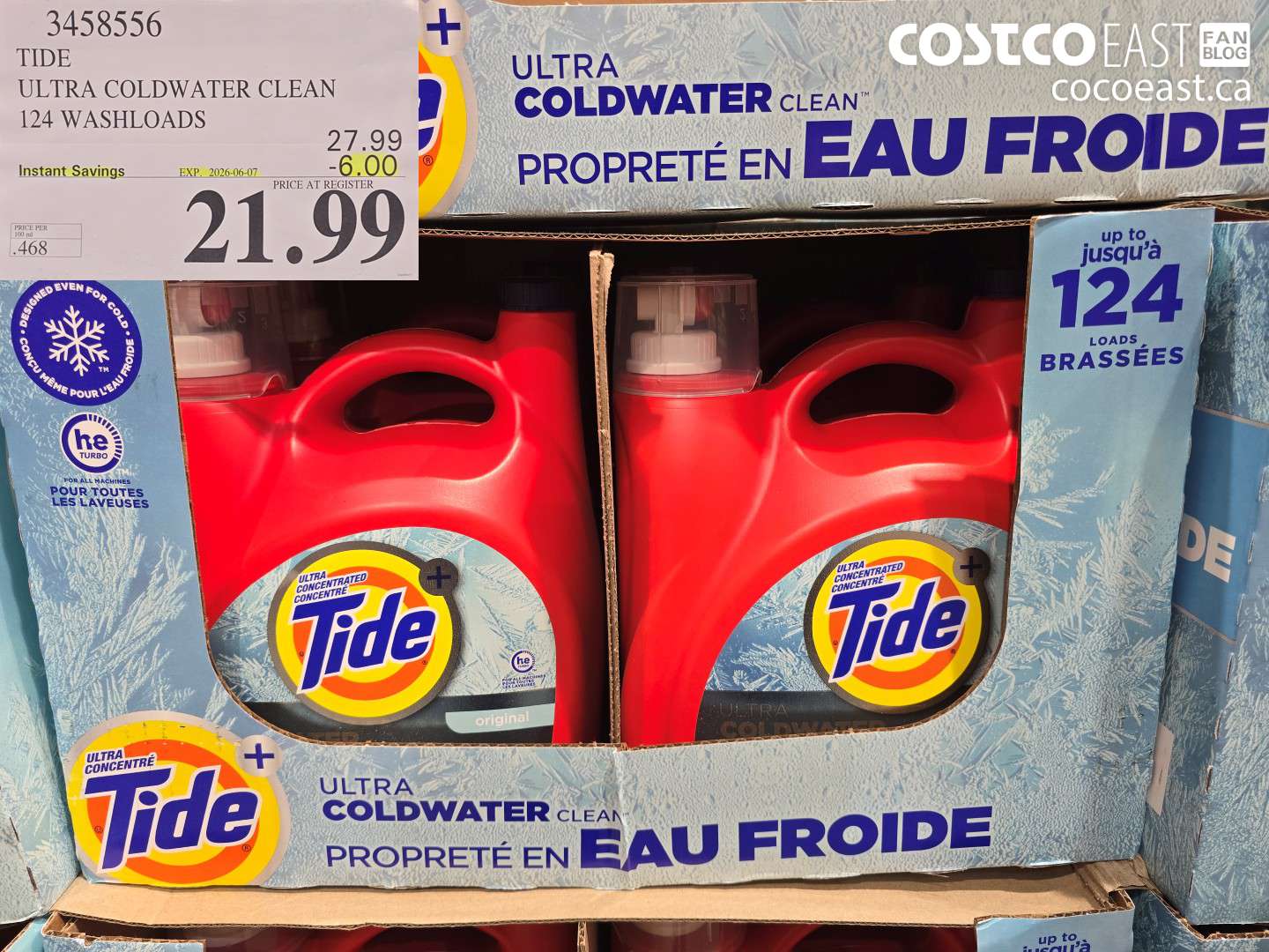 3458556 TIDE ULTRA COLDWATER CLEAN 124 WASHLOADS ($6.00 INSTANT SAVINGS EXPIRES ON 2026-06-07) $21.99